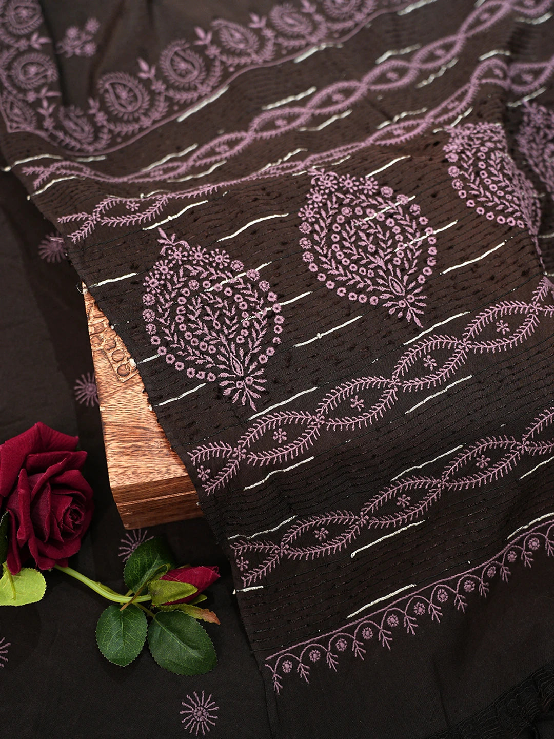 Ada Hand Embroidered Brown Silk Lucknowi Chikankari Saree With Blouse 01A376450