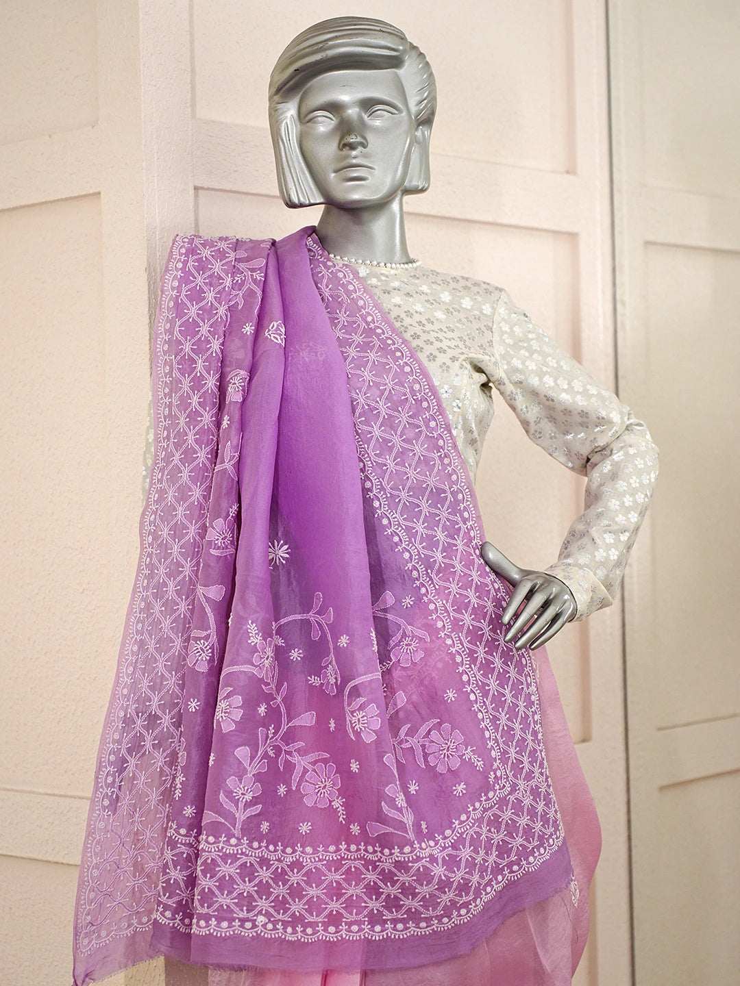 Ada Hand Embroidered Ombre Shade Of Lavender And Pink Lucknowi Chikankari Saree With Blouse 01A858529
