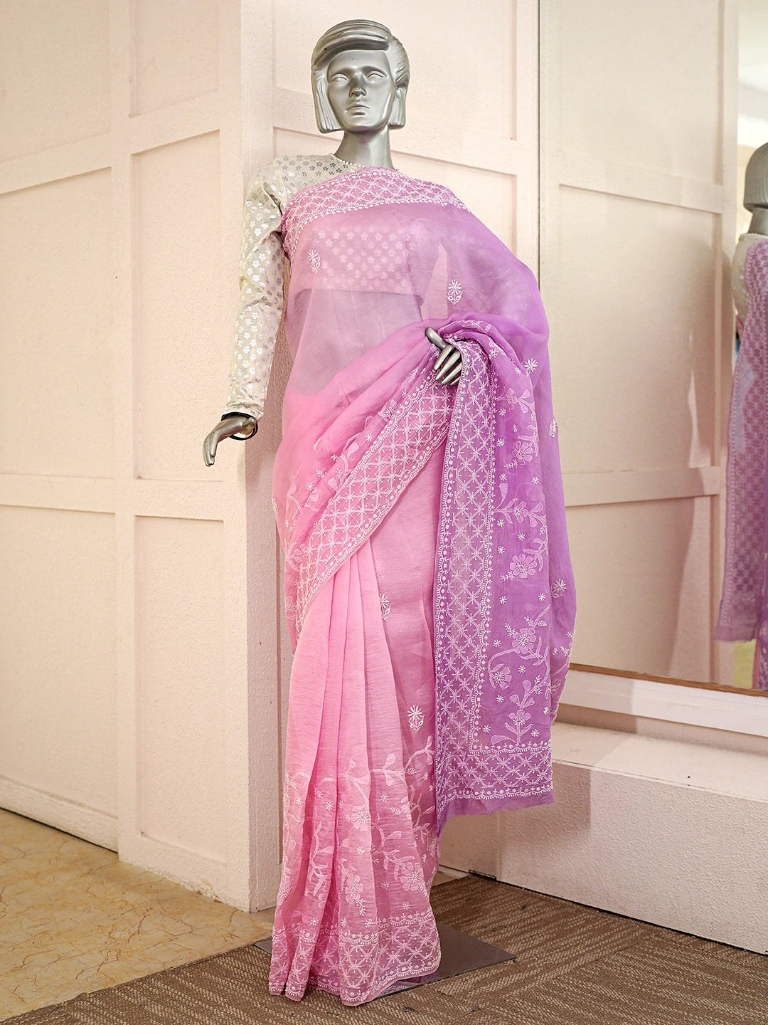 Ada Hand Embroidered Ombre Shade Of Lavender And Pink Lucknowi Chikankari Saree With Blouse 01A858529