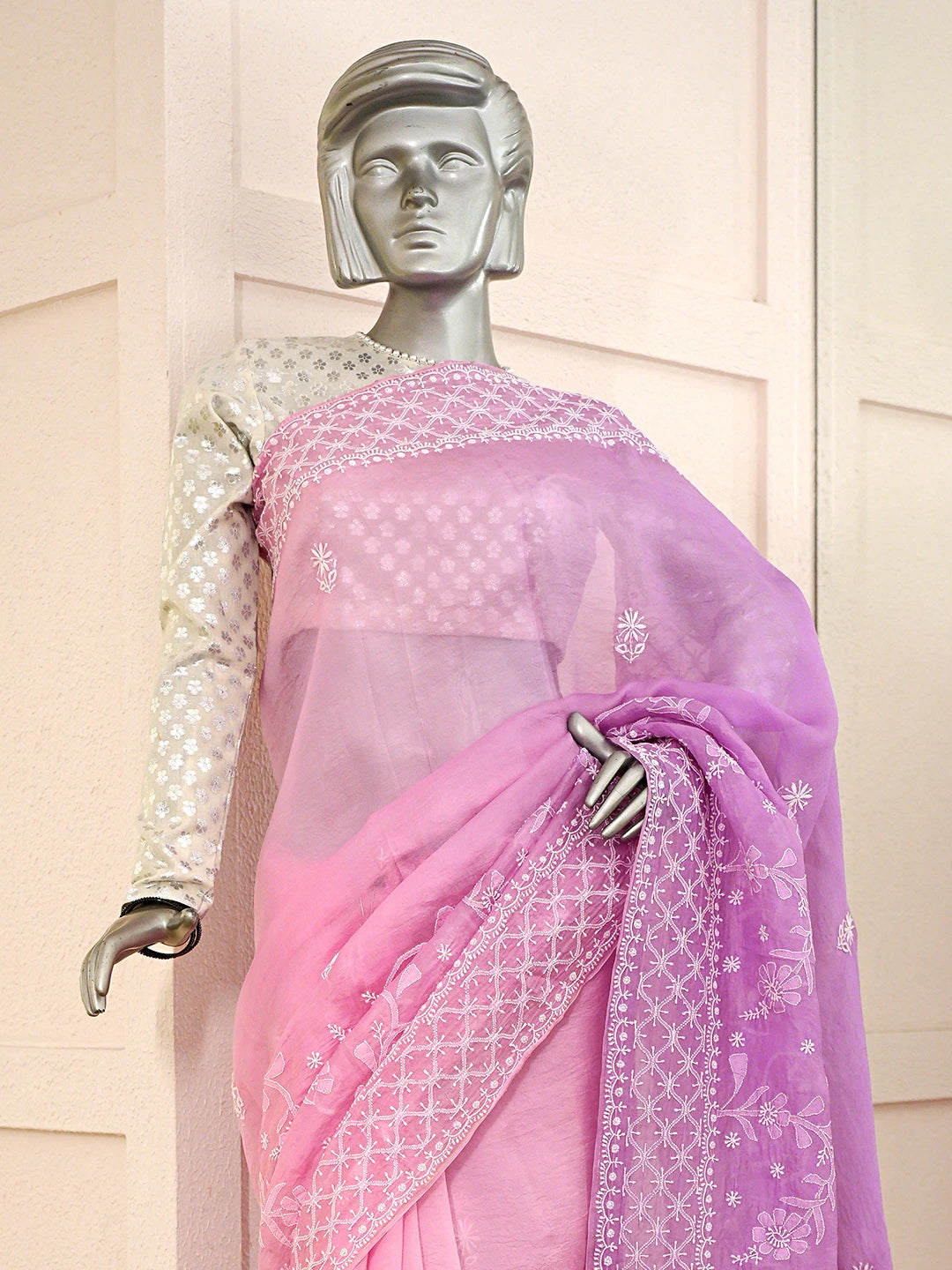 Ada Hand Embroidered Ombre Shade Of Lavender And Pink Lucknowi Chikankari Saree With Blouse 01A858529