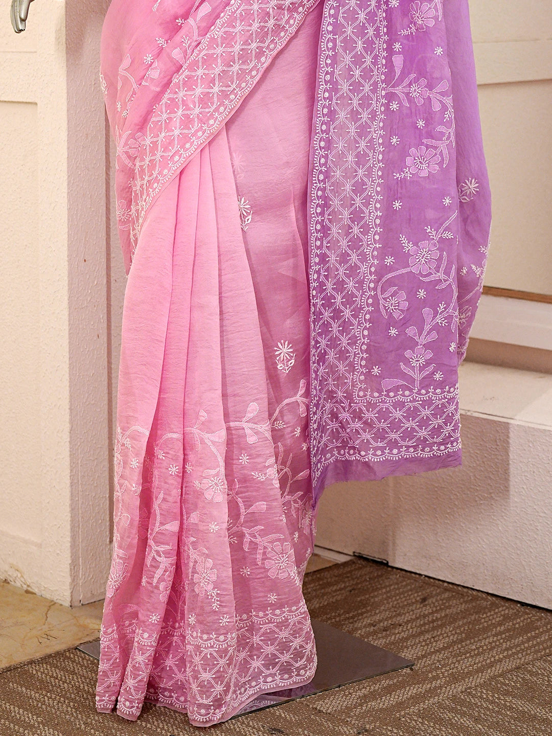 Ada Hand Embroidered Ombre Shade Of Lavender And Pink Lucknowi Chikankari Saree With Blouse 01A858529