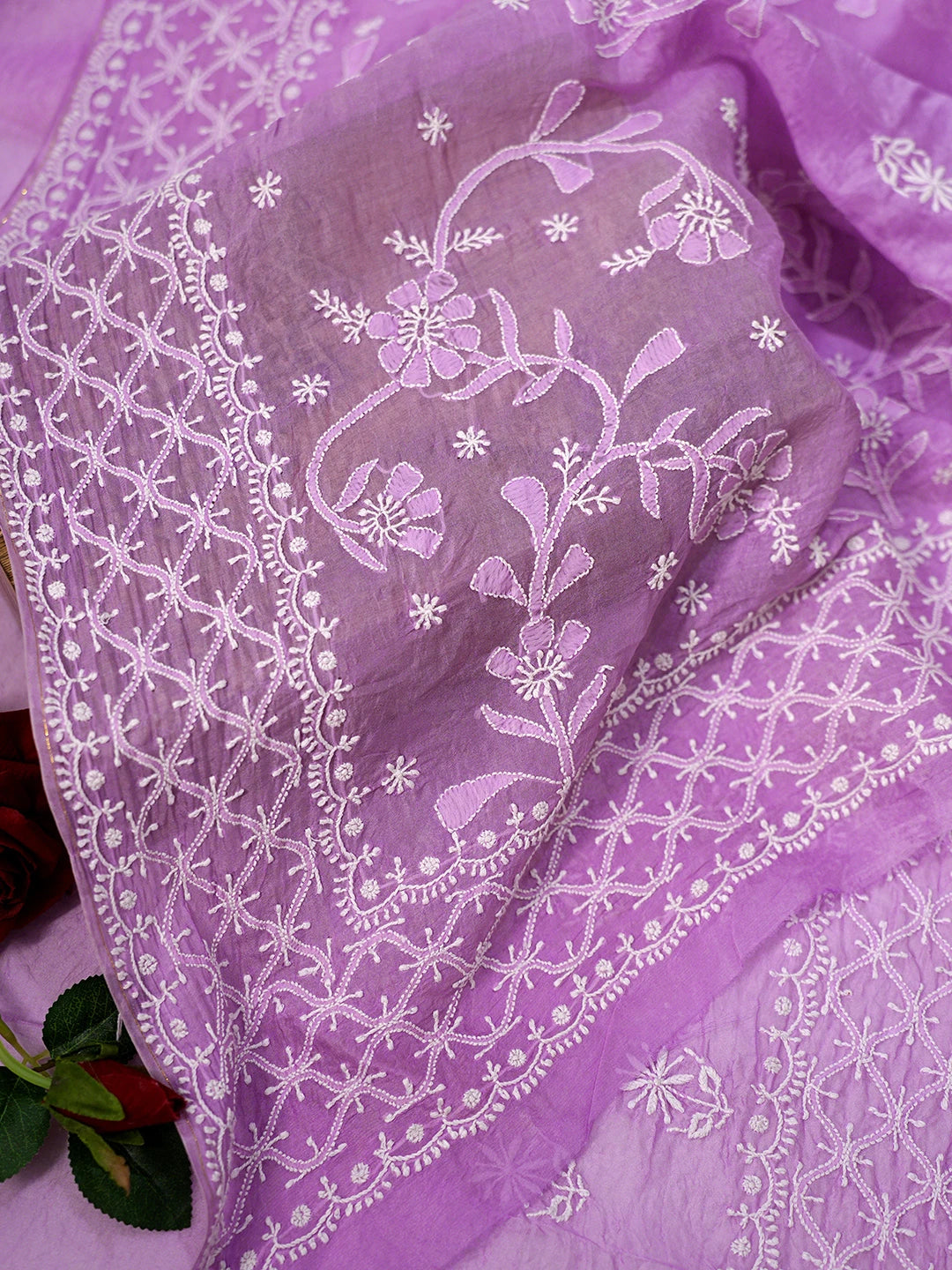 Ada Hand Embroidered Ombre Shade Of Lavender And Pink Lucknowi Chikankari Saree With Blouse 01A858529