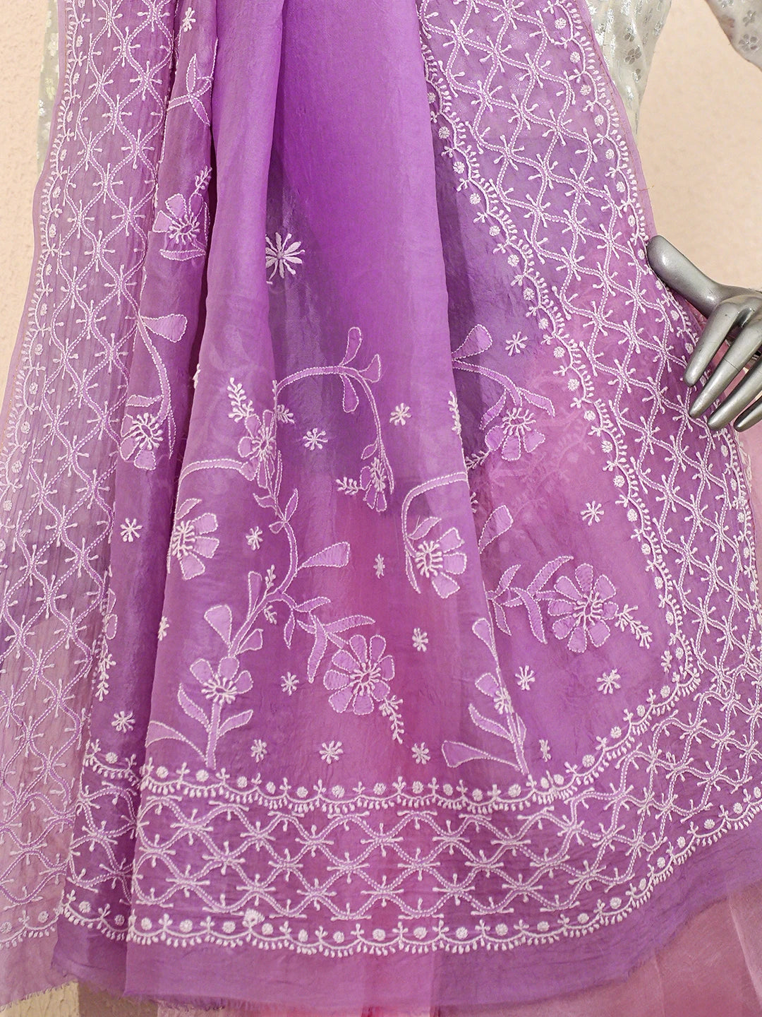 Ada Hand Embroidered Ombre Shade Of Lavender And Pink Lucknowi Chikankari Saree With Blouse 01A858529