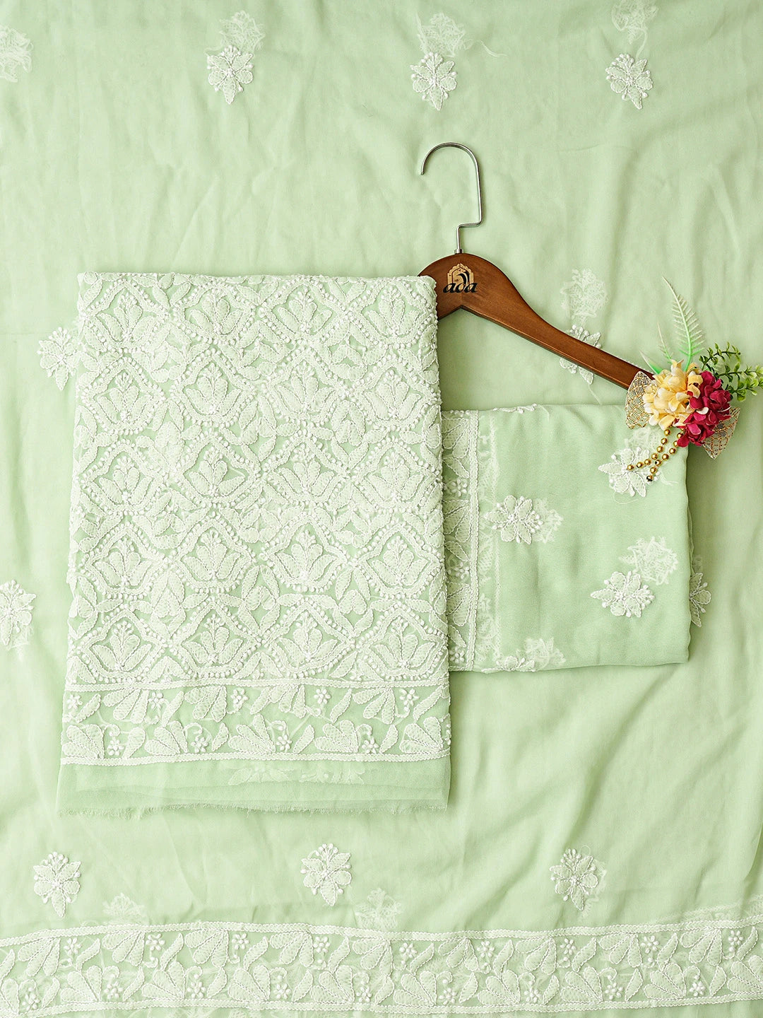Ada Hand Embroidered Light Green Georgette Lucknowi Chikankari Unstitched Suit Piece 01A785602