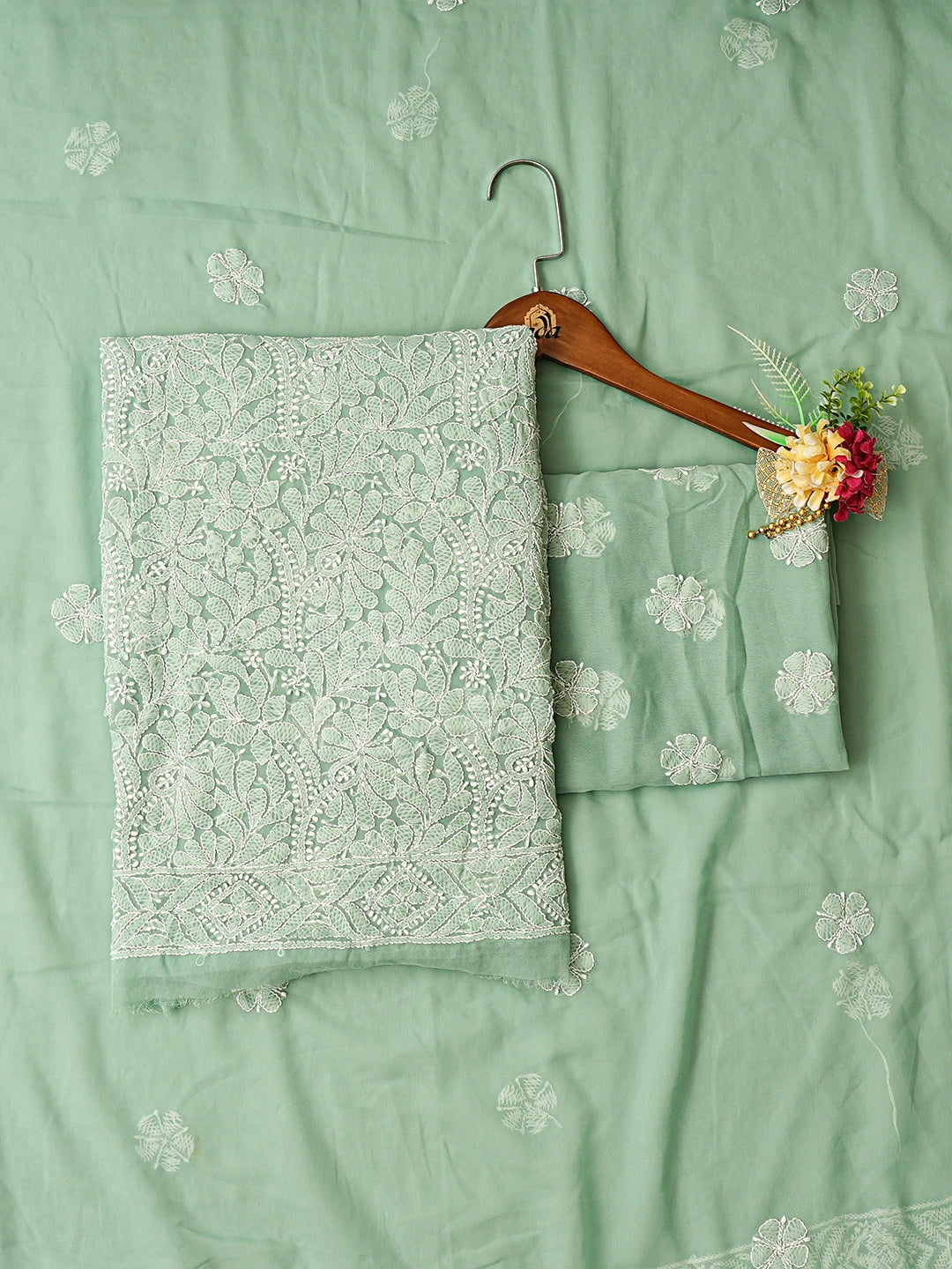 Ada Hand Embroidered Green Georgette Lucknowi Chikankari Unstitched Suit Piece 01A867804