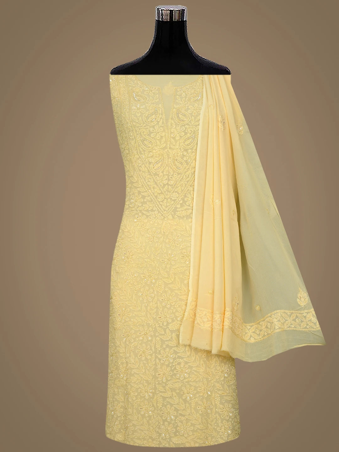Ada Hand Embroidered Pastel Yellow Viscose Georgette Lucknowi Chikankari Unstitched Kurta Dupatta Set With Cutdana Work 01A765990