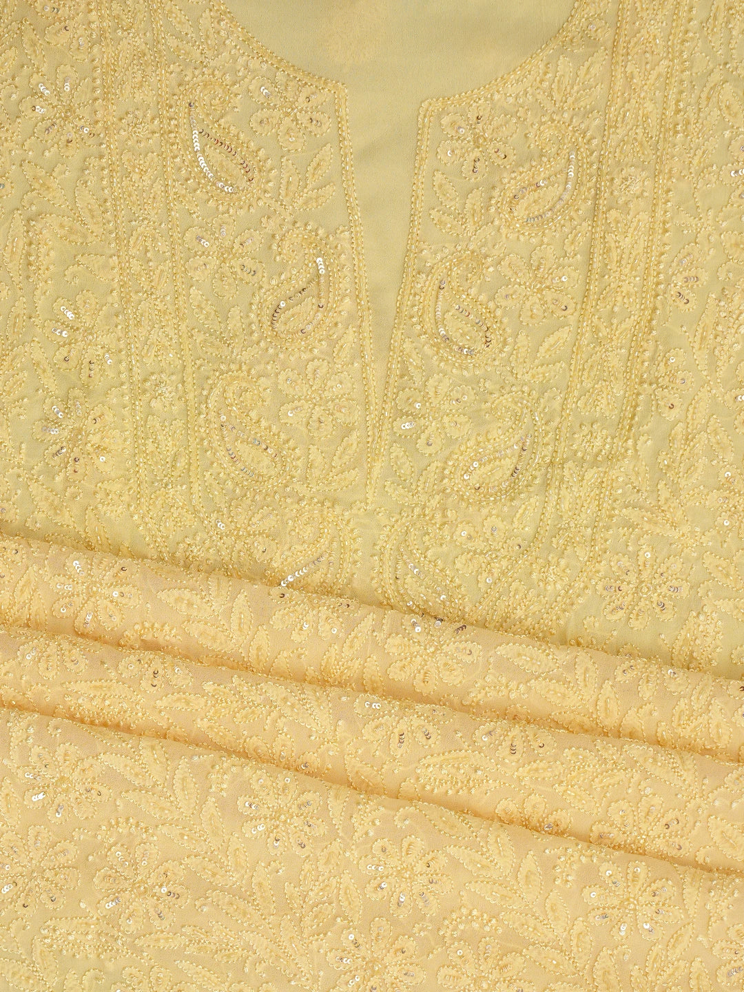 Ada Hand Embroidered Pastel Yellow Viscose Georgette Lucknowi Chikankari Unstitched Kurta Dupatta Set With Cutdana Work 01A765990