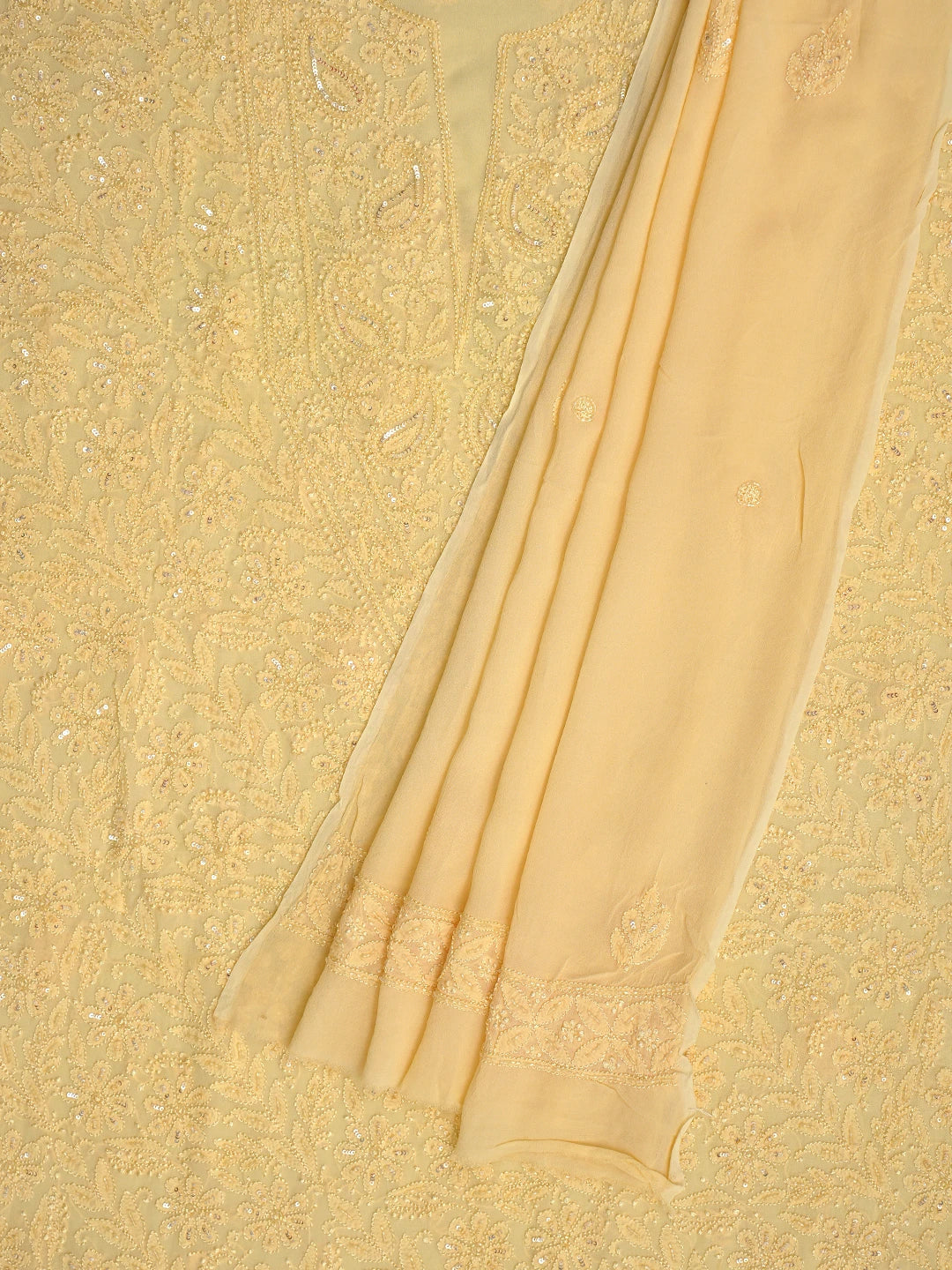 Ada Hand Embroidered Pastel Yellow Viscose Georgette Lucknowi Chikankari Unstitched Kurta Dupatta Set With Cutdana Work 01A765990