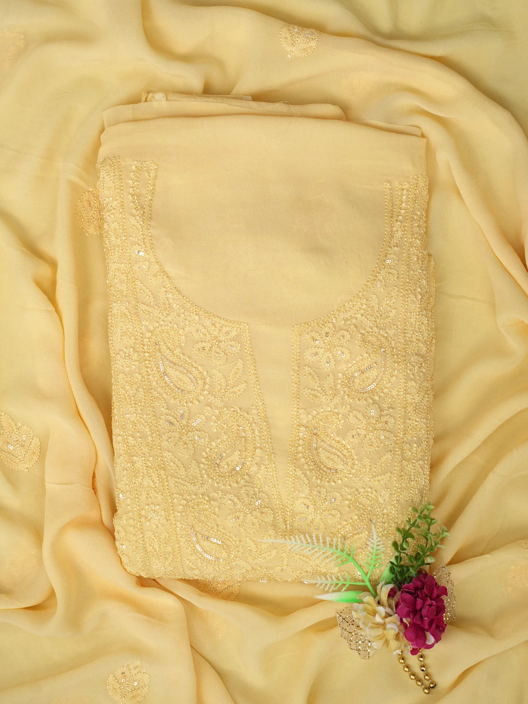 Ada Hand Embroidered Pastel Yellow Viscose Georgette Lucknowi Chikankari Unstitched Kurta Dupatta Set With Cutdana Work 01A765990