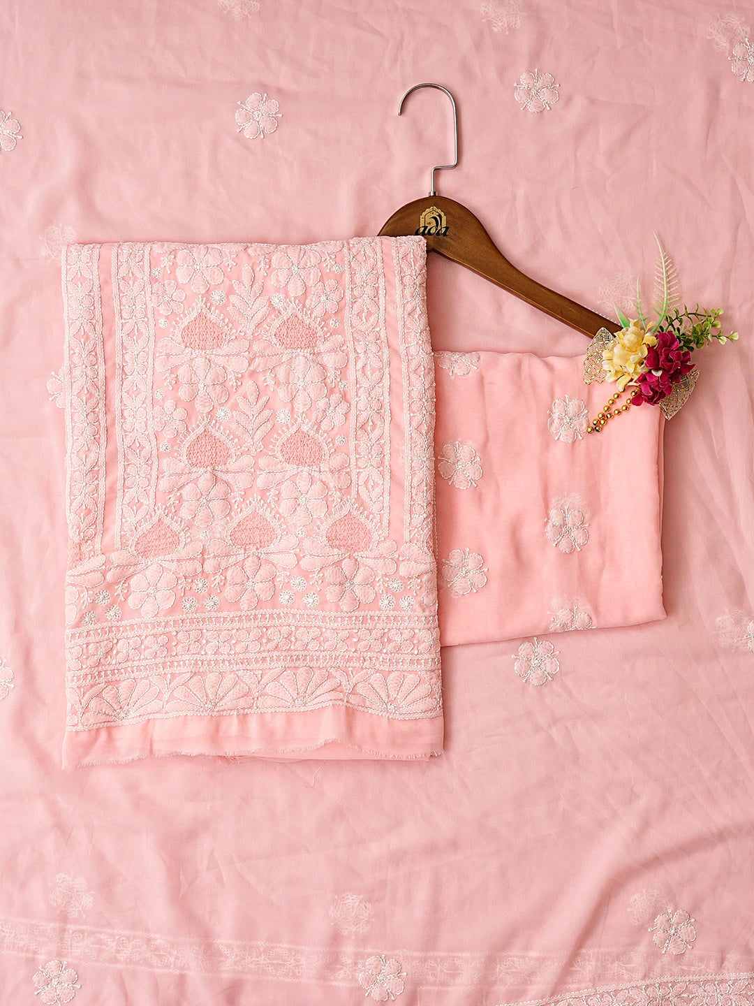 Ada Hand Embroidered Pink Georgette Lucknowi Chikankari Unstitched Suit Piece 01A835379