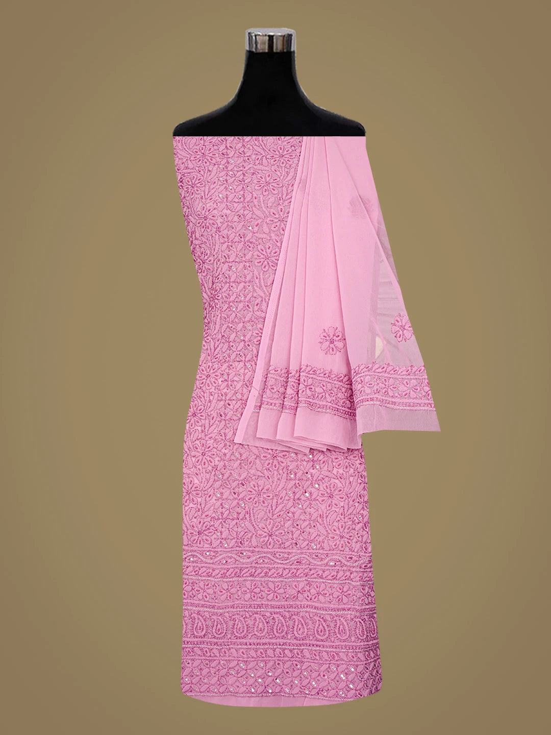 Ada Hand Embroidered Pink Georgette Lucknowi Chikankari Unstitched Suit Piece With Sequinned Work 01A679001