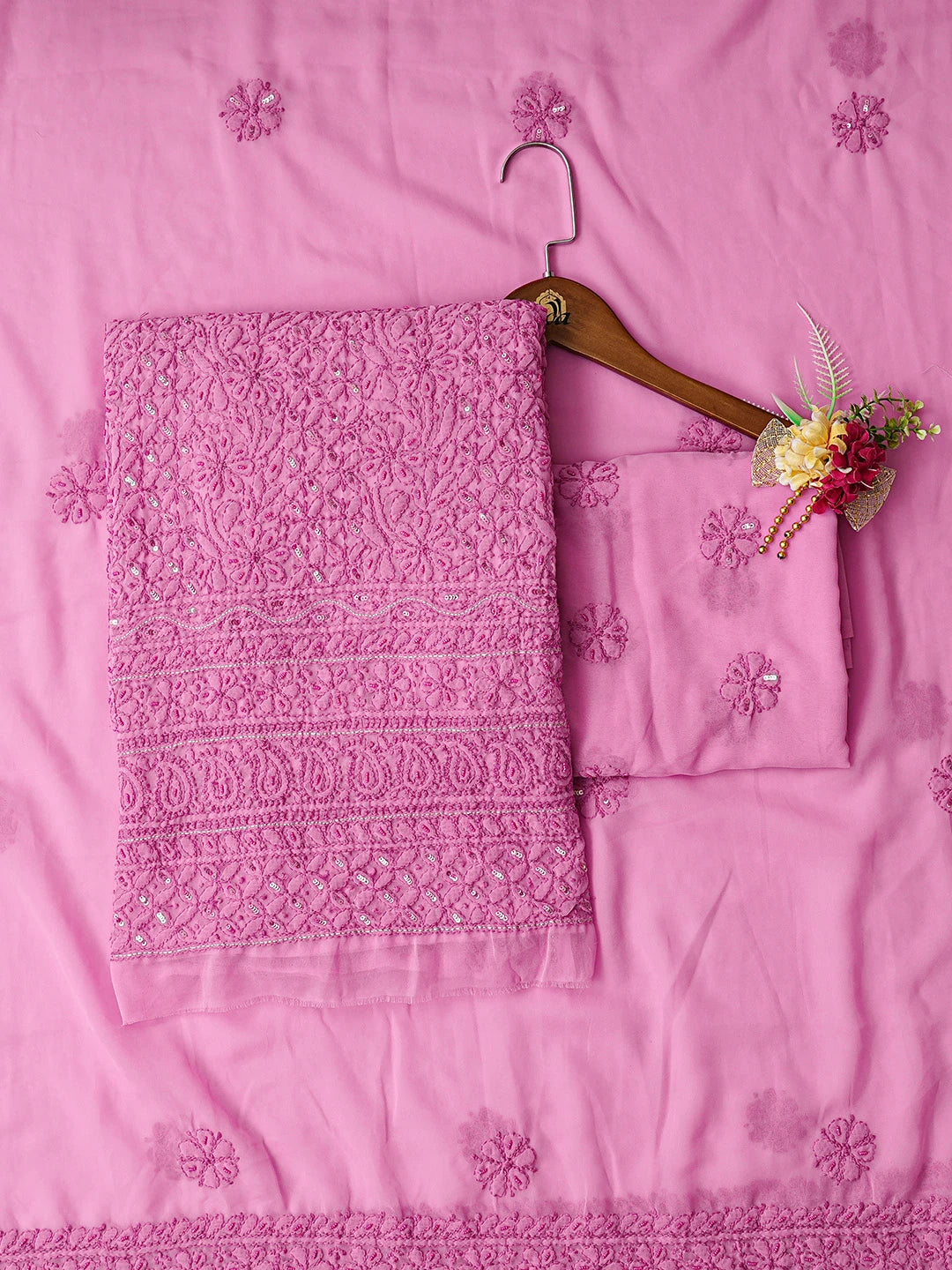 Ada Hand Embroidered Pink Georgette Lucknowi Chikankari Unstitched Suit Piece With Sequinned Work 01A679001