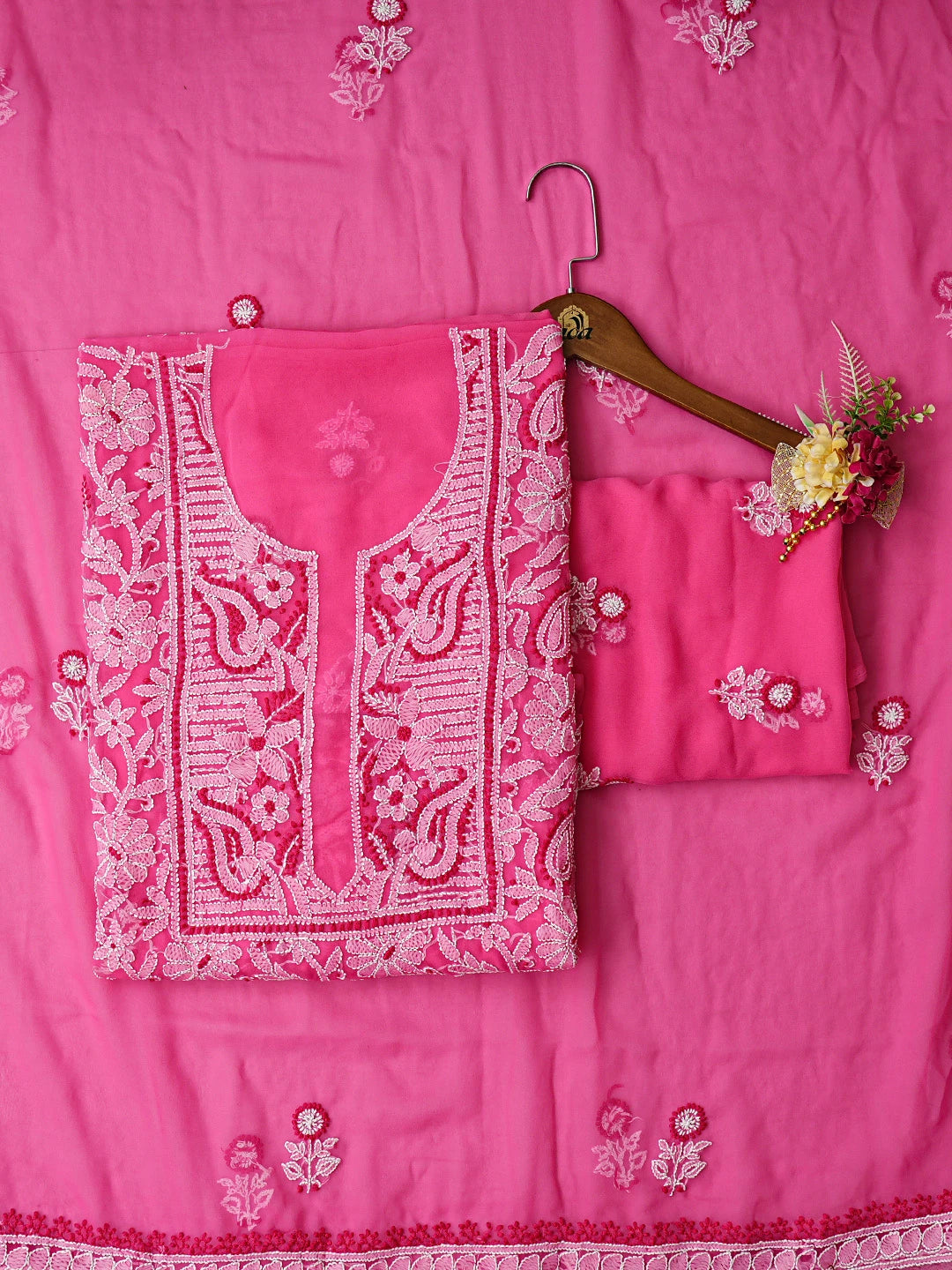 Ada Hand Embroidered Pink Georgette Lucknowi Chikankari Unstitched Suit Piece 01A867508