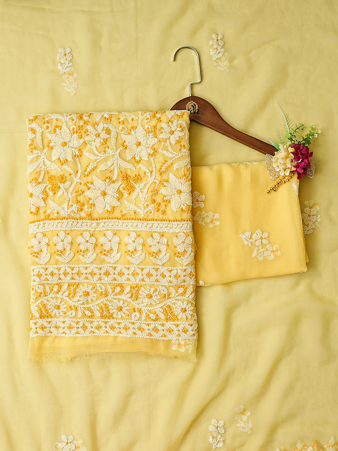 Ada Hand Embroidered Yellow Georgette Lucknowi Chikankari Unstitched Suit Piece 01A811298