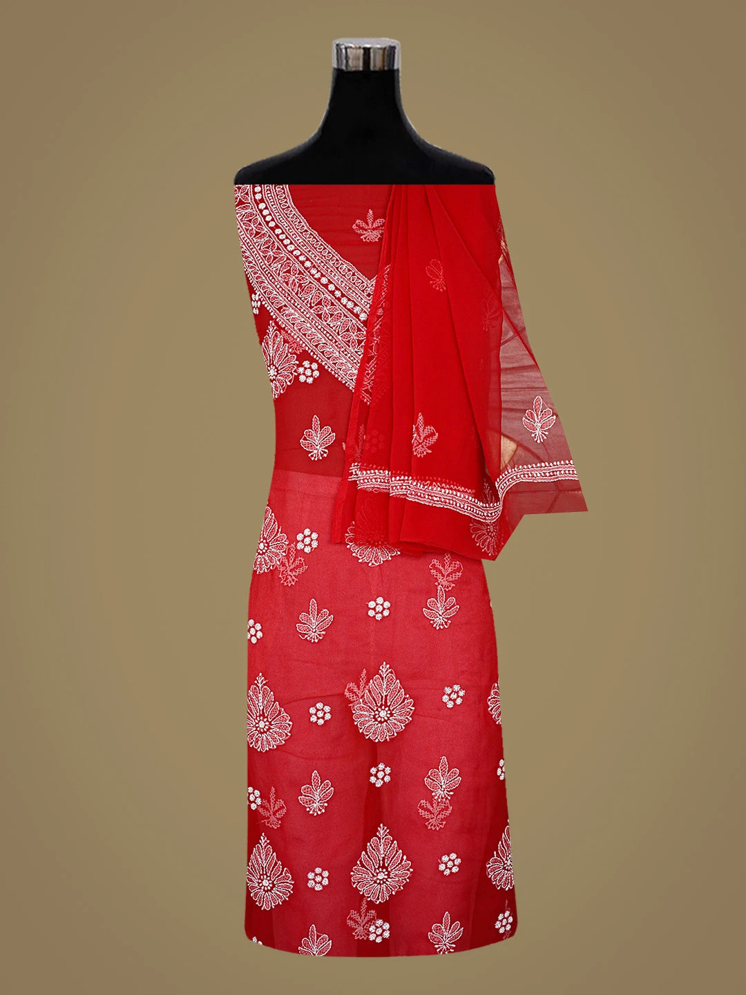 Ada Hand Embroidered Red Georgette Lucknowi Chikankari Unstitched Suit Piece 01A866855
