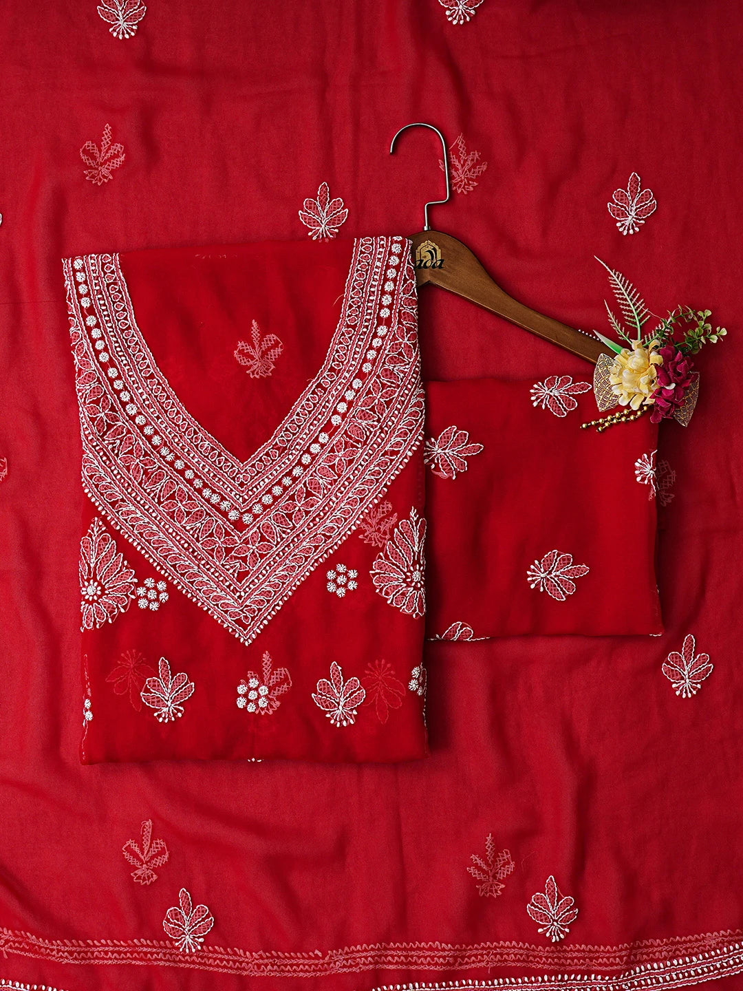 Ada Hand Embroidered Red Georgette Lucknowi Chikankari Unstitched Suit Piece 01A866855