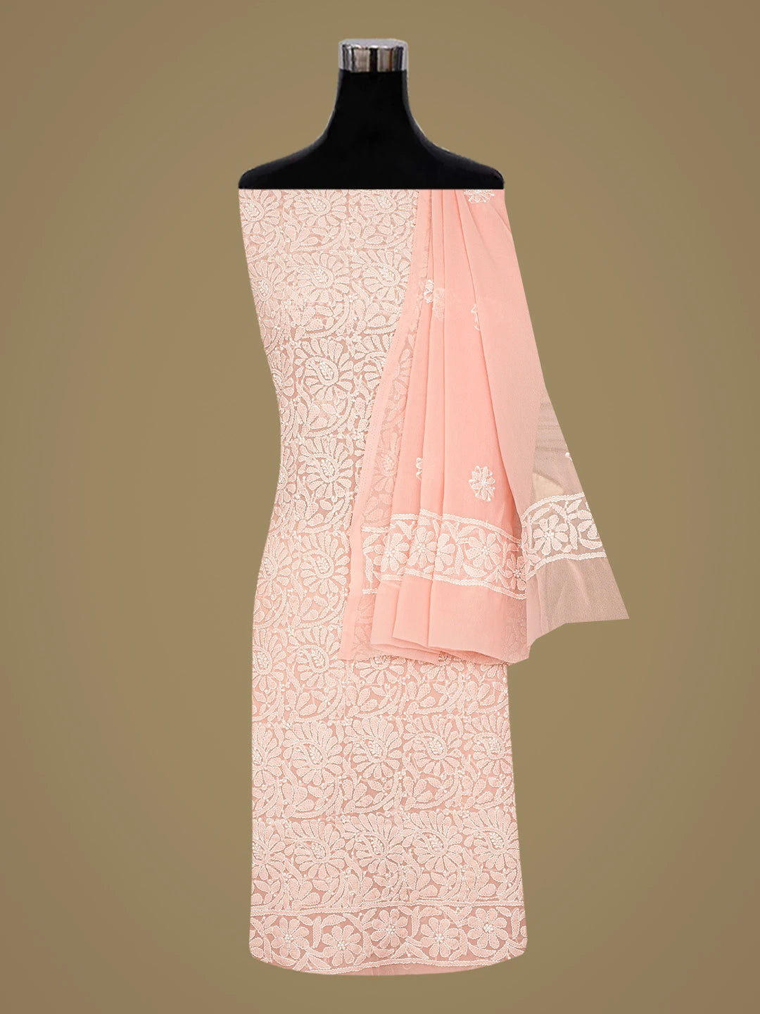 Ada Hand Embroidered Peach Georgette Lucknowi Chikankari Unstitched Suit Piece 01A867781