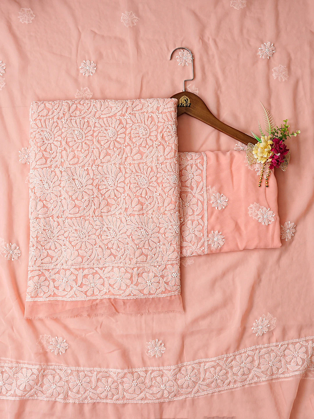 Ada Hand Embroidered Peach Georgette Lucknowi Chikankari Unstitched Suit Piece 01A867781