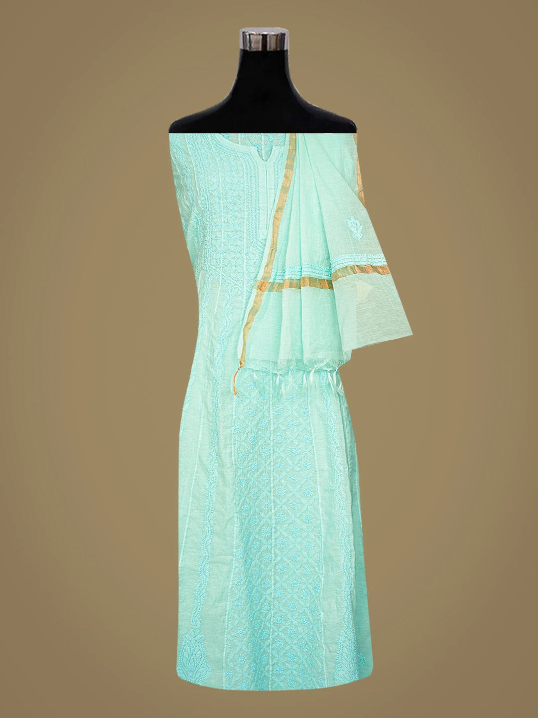 Ada Hand Embroidered Sea Green Chanderi Lucknowi Chikankari Semi-Stitched Anarkali Kurta Dupatta Set 01A850157