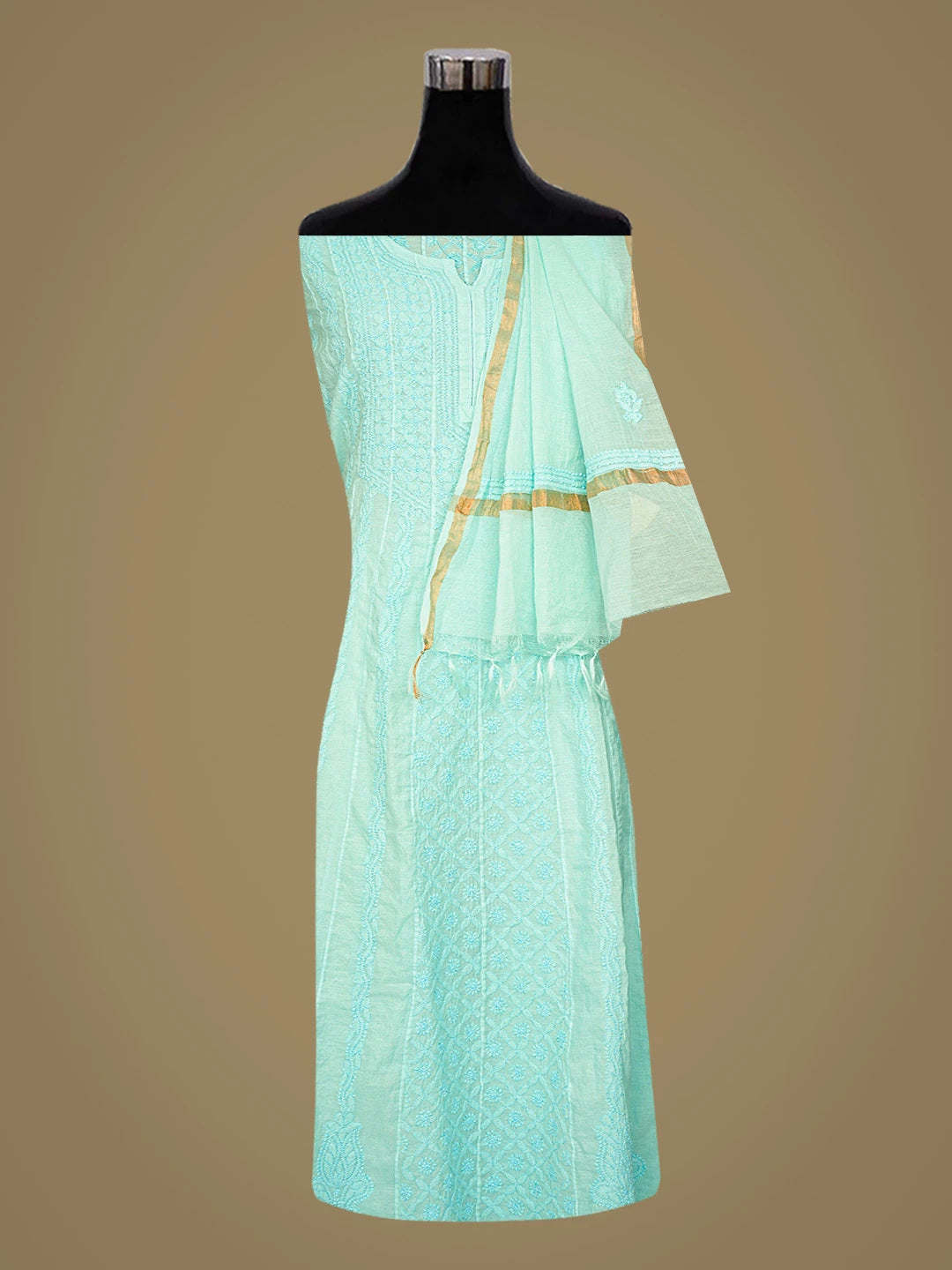 Ada Hand Embroidered Sea Green Chanderi Lucknowi Chikankari Semi-Stitched Anarkali Kurta Dupatta Set 01A850157