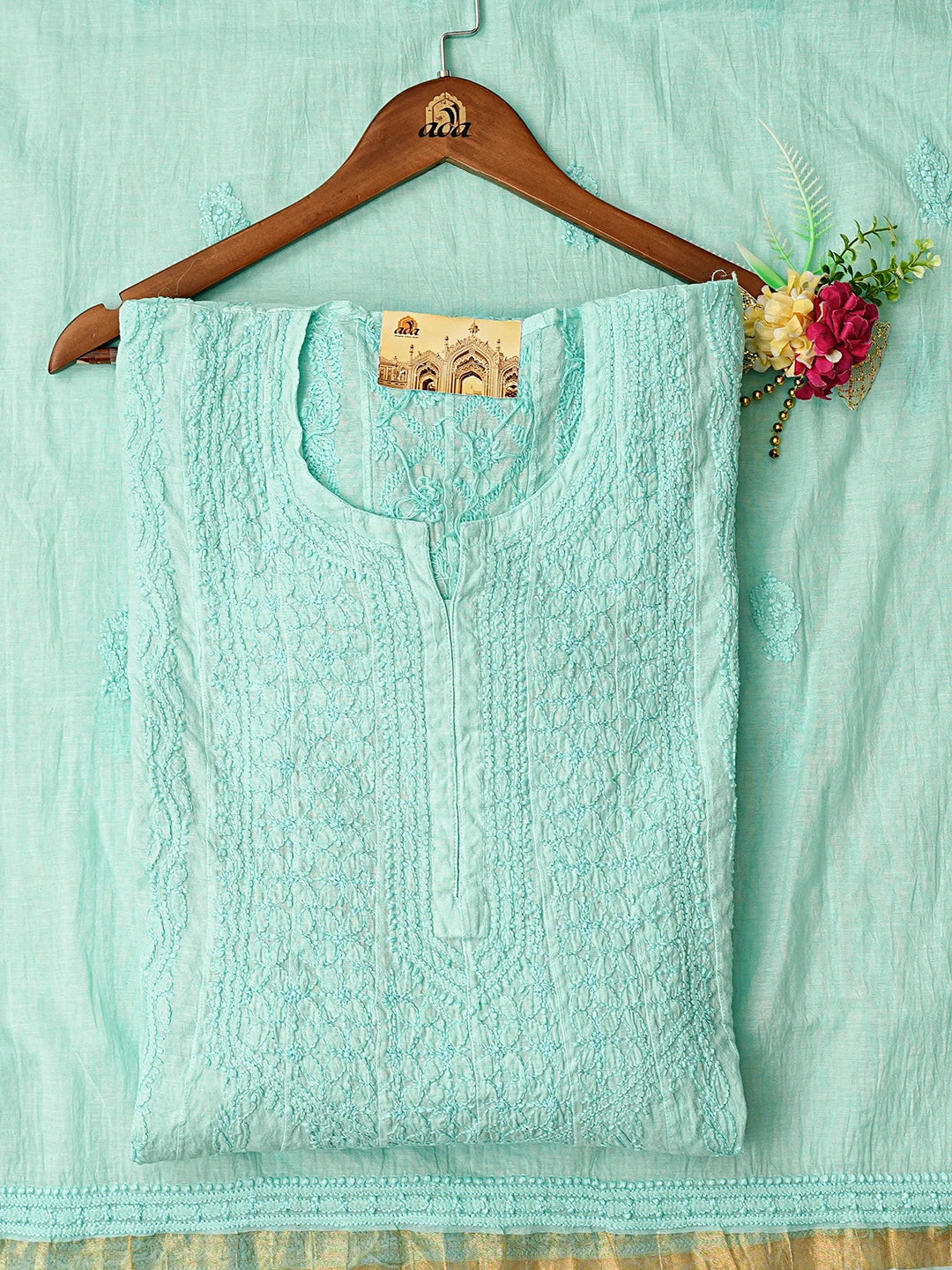 Ada Hand Embroidered Sea Green Chanderi Lucknowi Chikankari Semi-Stitched Anarkali Kurta Dupatta Set 01A850157