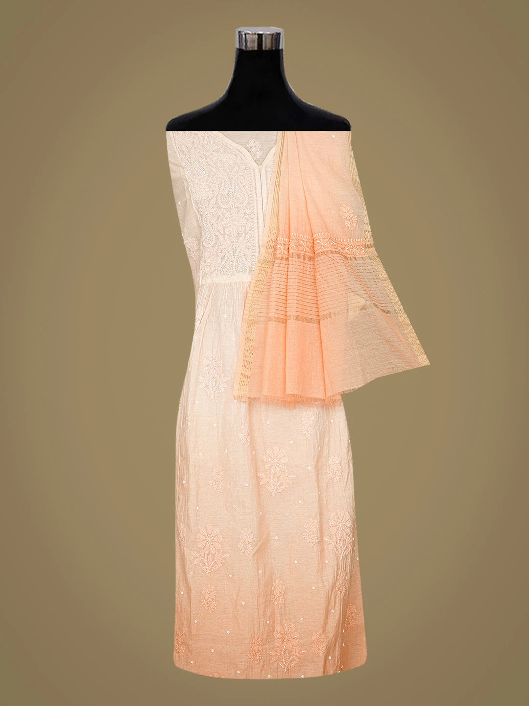 Ada Hand Embroidered Peach Chanderi Lucknowi Chikankari Semi-Stitched Kurta Dupatta Set With Pearl Work 01A813855