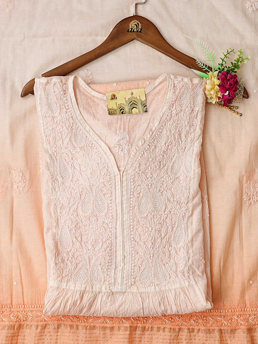 Ada Hand Embroidered Peach Chanderi Lucknowi Chikankari Semi-Stitched Kurta Dupatta Set With Pearl Work 01A813855