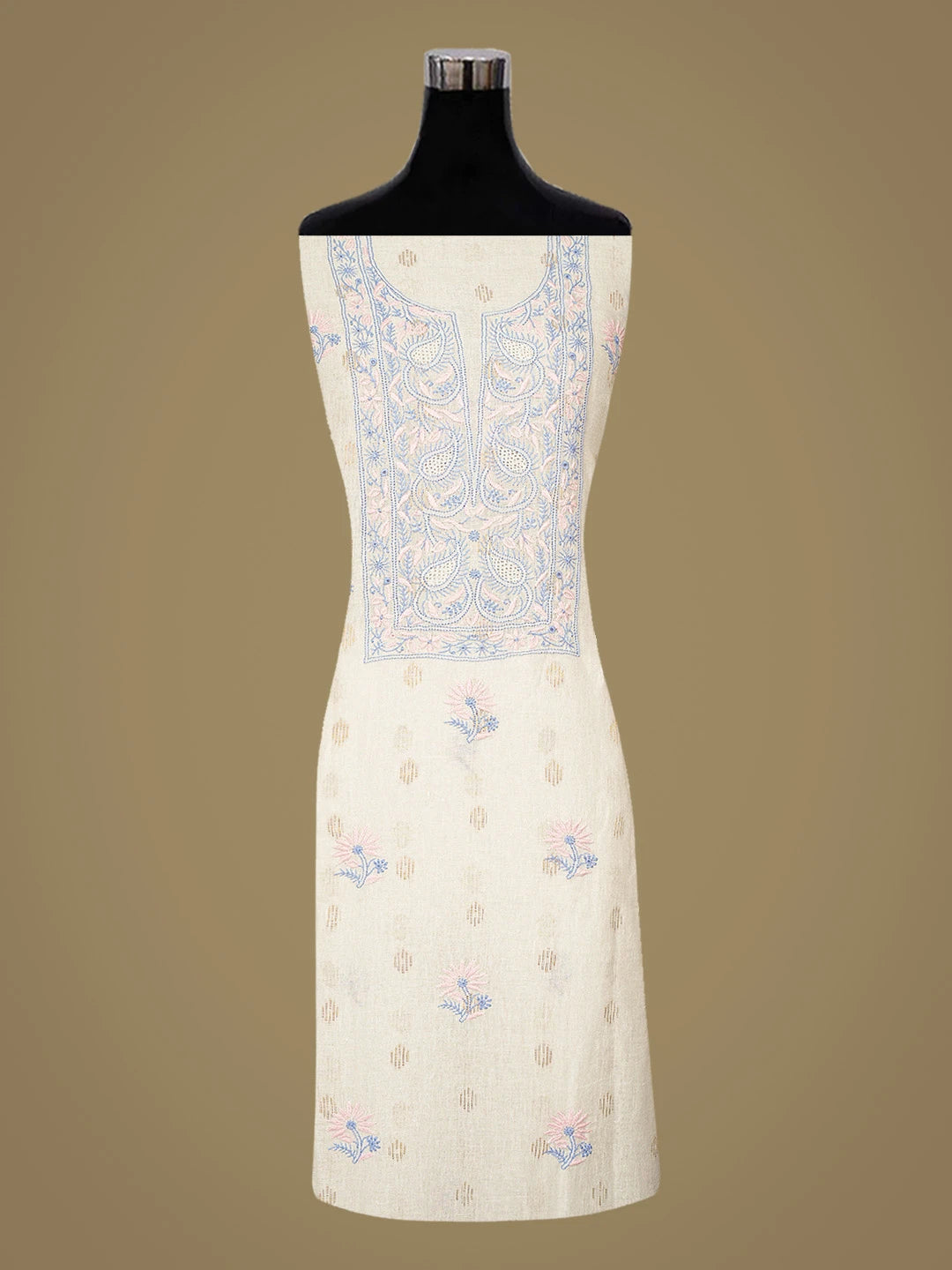 Ada Hand Embroidered White Linen Lucknowi Chikankari Unstitched Kurta Dupatta Set 01A702608