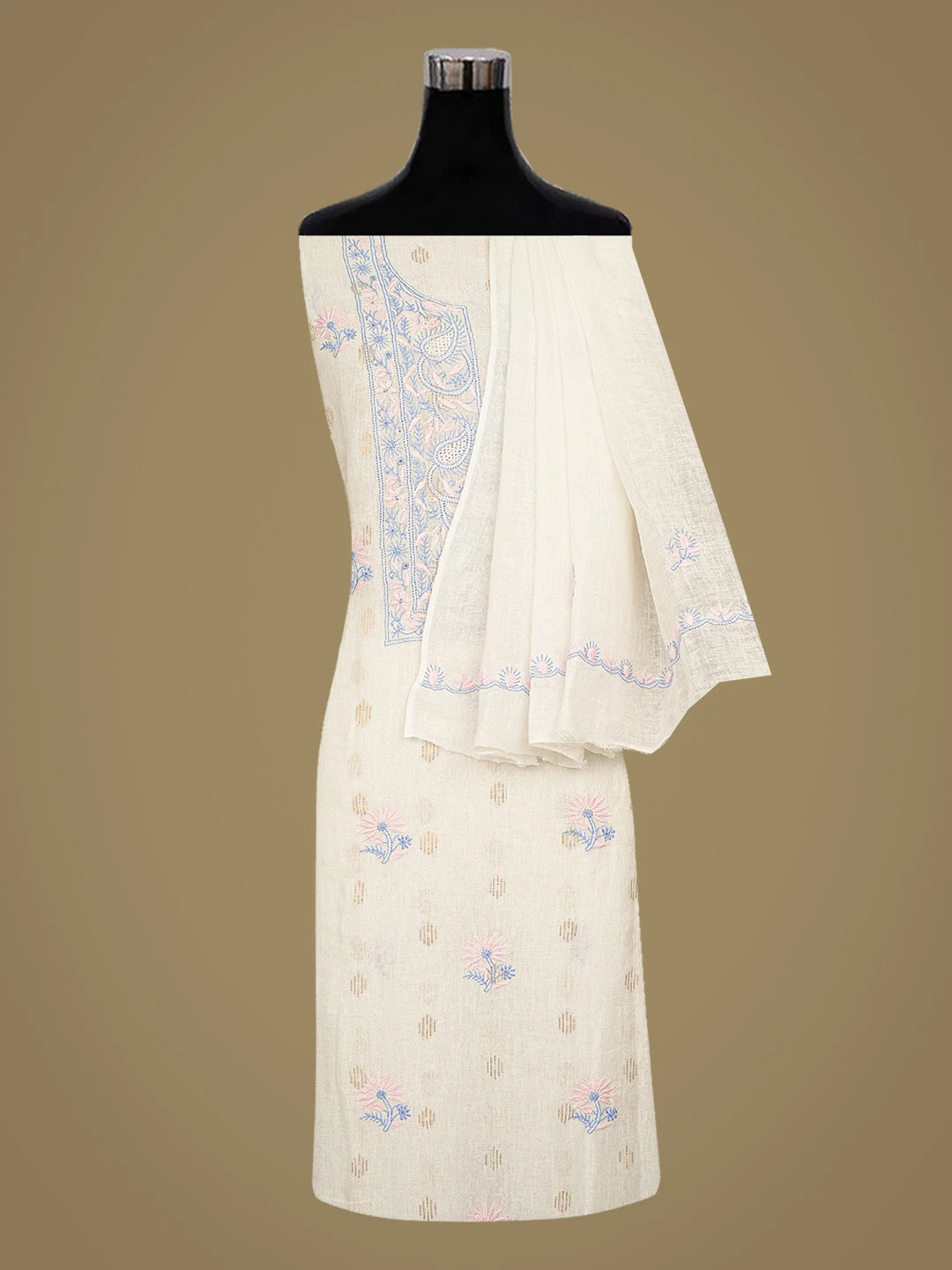 Ada Hand Embroidered White Linen Lucknowi Chikankari Unstitched Kurta Dupatta Set 01A702608