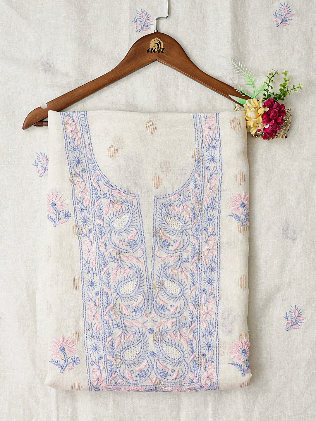 Ada Hand Embroidered White Linen Lucknowi Chikankari Unstitched Kurta Dupatta Set 01A702608