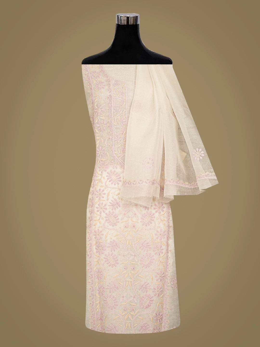 Ada Hand Embroidered White Organza Lucknowi Chikankari Unstitched Kurta Dupatta Set 01A832328