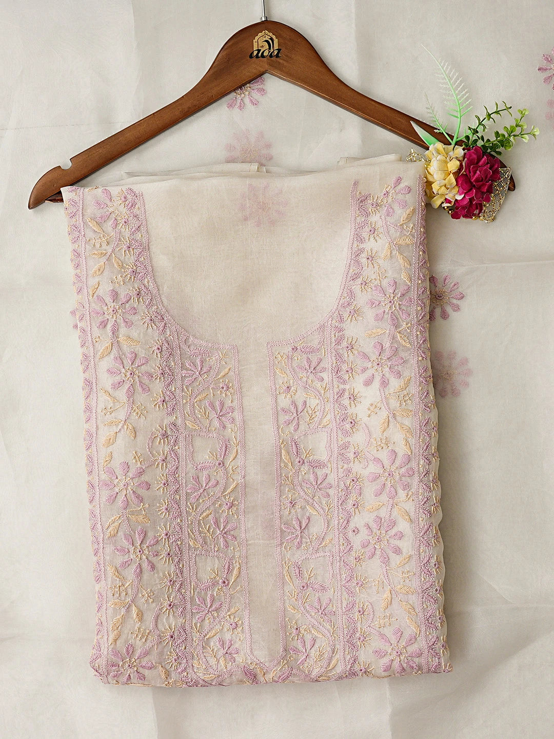Ada Hand Embroidered White Organza Lucknowi Chikankari Unstitched Kurta Dupatta Set 01A832328
