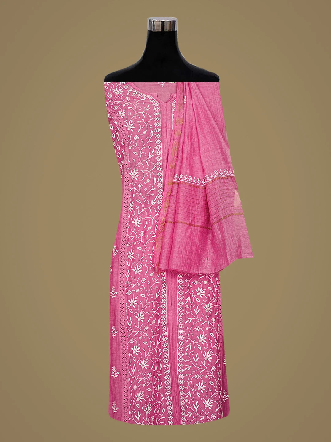 Ada Hand Embroidered Magenta Chanderi Lucknowi Chikankari Semi-Stitched Kurta Dupatta Set 01A665296