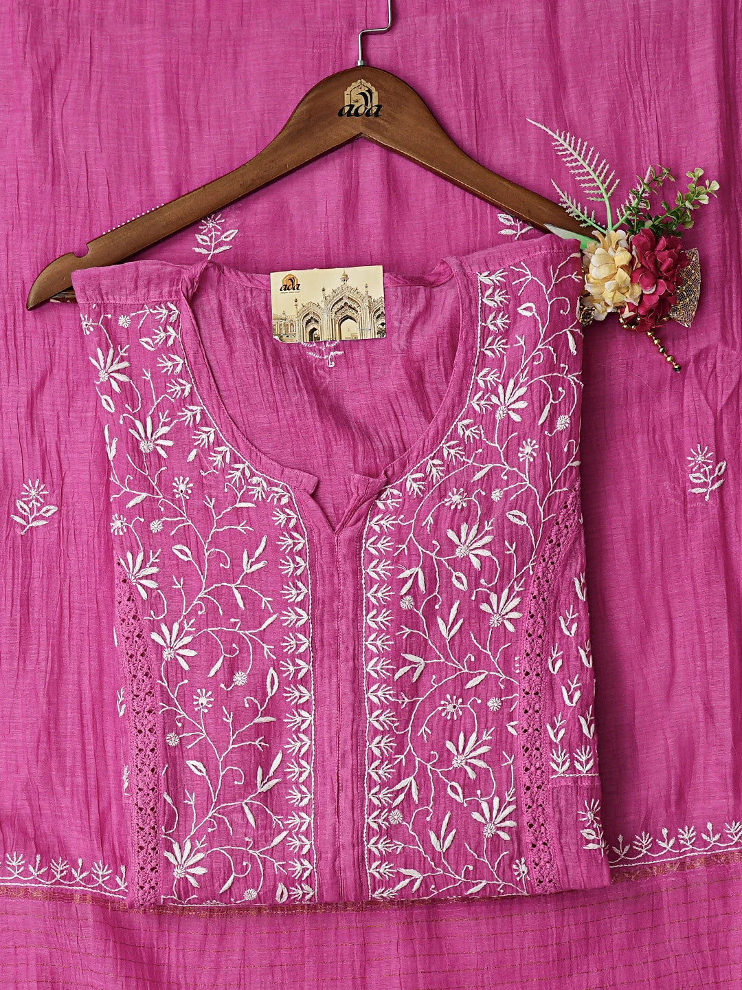 Ada Hand Embroidered Magenta Chanderi Lucknowi Chikankari Semi-Stitched Kurta Dupatta Set 01A665296
