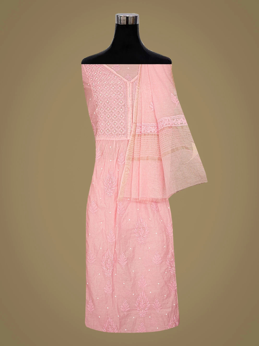 Ada Hand Embroidered Pink Chanderi Lucknowi Chikankari Semi-Stitched Kurta Dupatta Set With Cutdana Work 01A802119