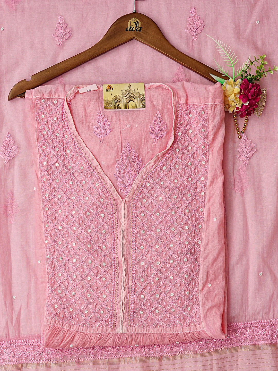 Ada Hand Embroidered Pink Chanderi Lucknowi Chikankari Semi-Stitched Kurta Dupatta Set With Cutdana Work 01A802119