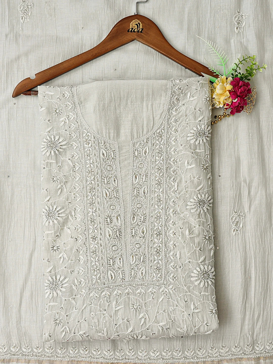 Ada Hand Embroidered Light Grey Chanderi Lucknowi Chikankari Semi-Stitched Kurta Dupatta Set With Cutdana Work 01A685725