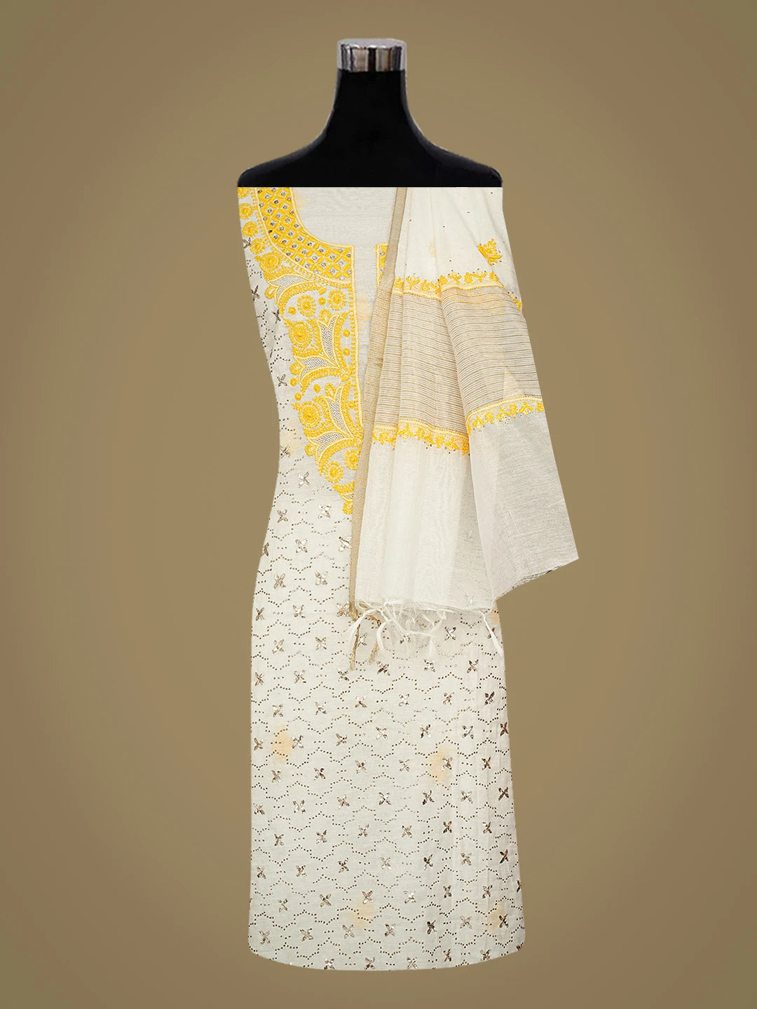 Ada Hand Embroidered White Chanderi Lucknowi Chikankari Unstitched Kurta Dupatta Set With Mukaish Work 01A809043