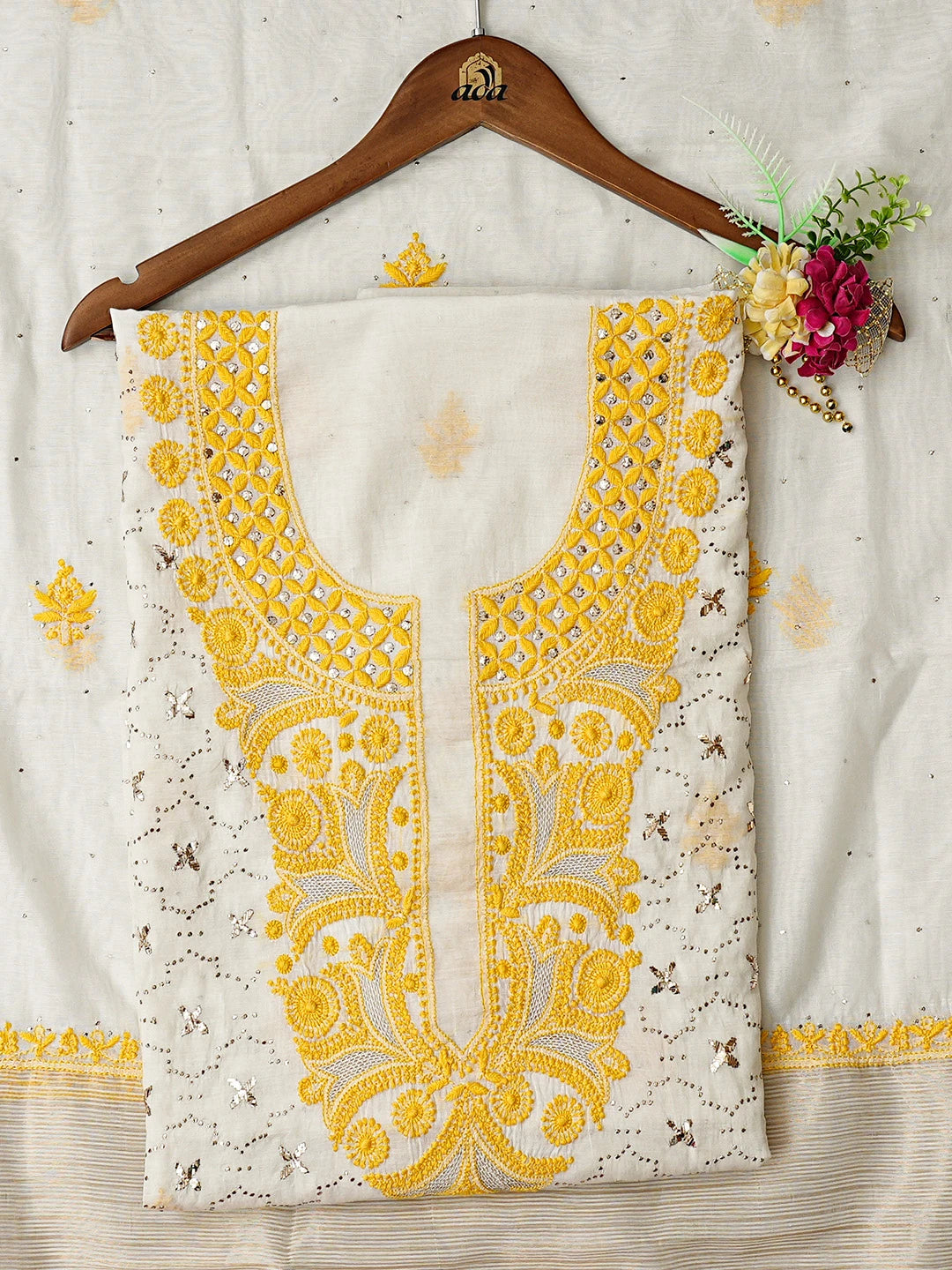 Ada Hand Embroidered White Chanderi Lucknowi Chikankari Unstitched Kurta Dupatta Set With Mukaish Work 01A809043