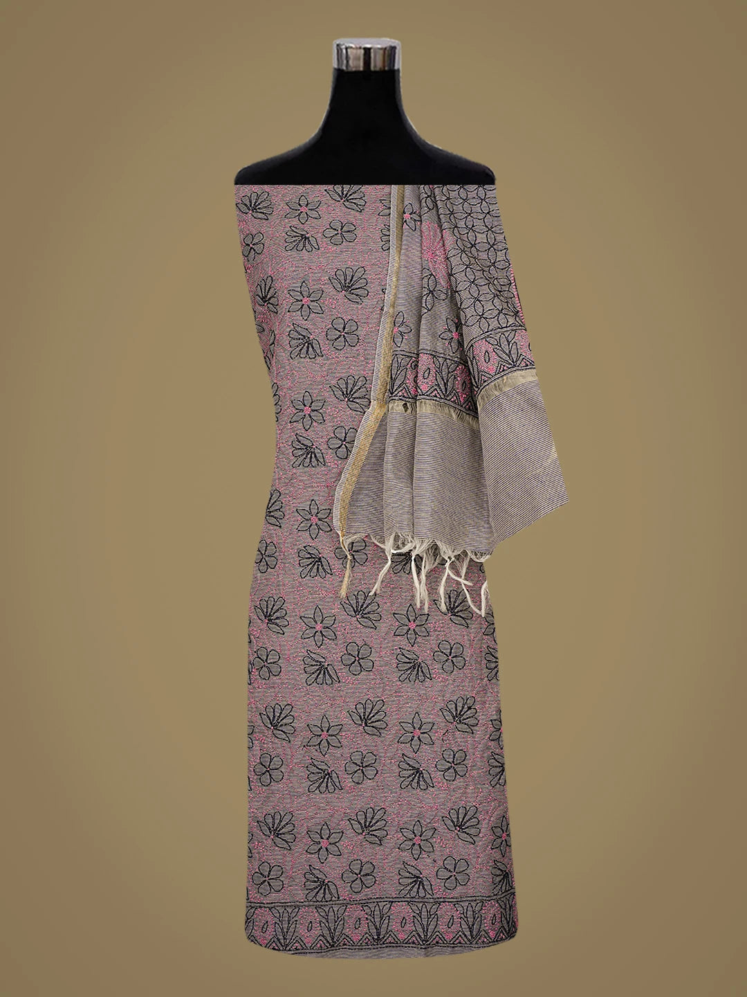 Ada Hand Embroidered Grey Chanderi Lucknowi Chikankari Unstitched Kurta Dupatta Set 01A711027