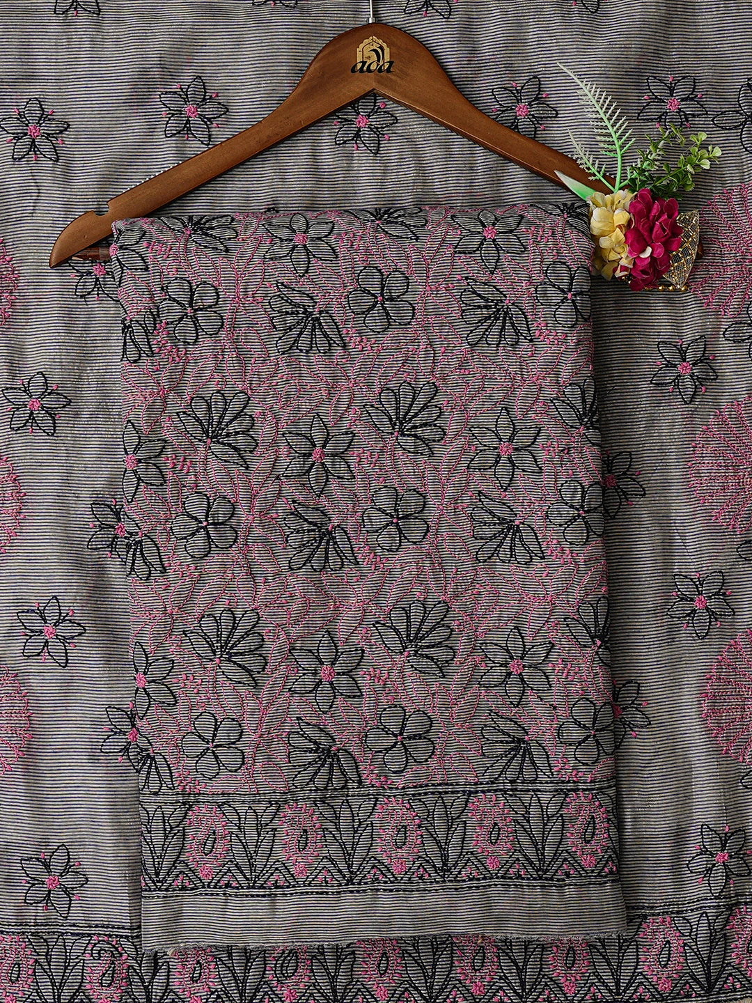 Ada Hand Embroidered Grey Chanderi Lucknowi Chikankari Unstitched Kurta Dupatta Set 01A711027