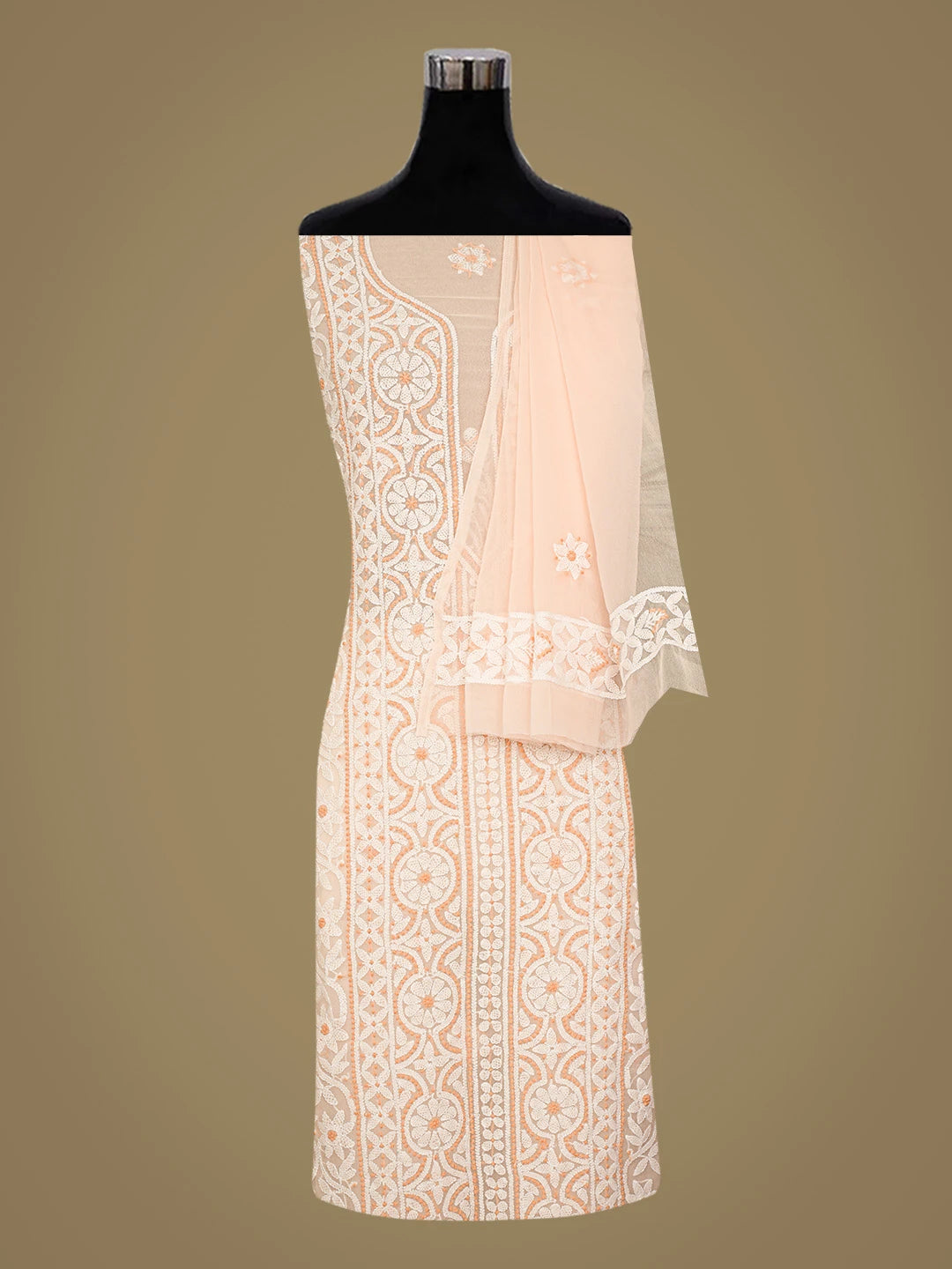 Ada Hand Embroidered Peach Georgette Lucknowi Chikankari Unstitched Suit Piece 01A867561