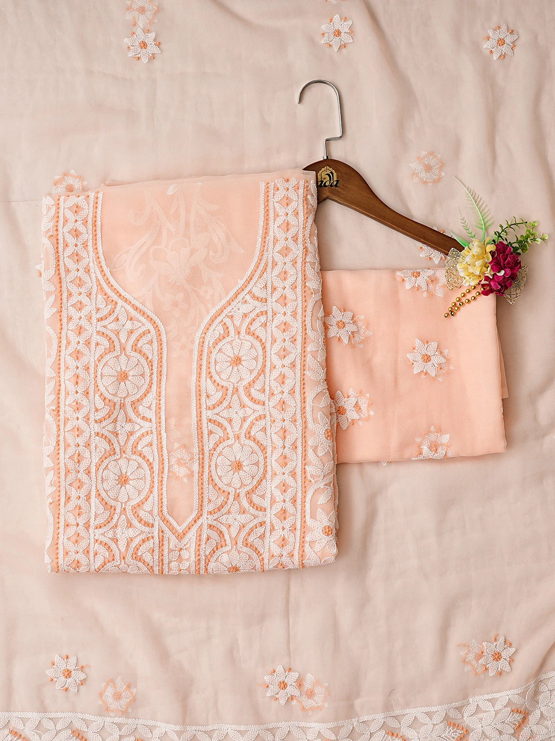 Ada Hand Embroidered Peach Georgette Lucknowi Chikankari Unstitched Suit Piece 01A867561