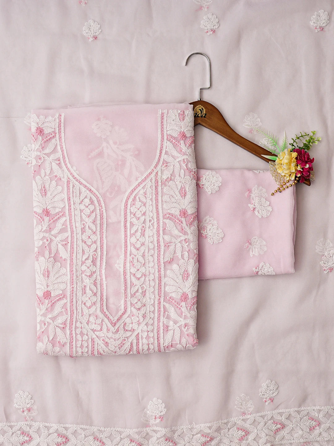 Ada Hand Embroidered Pink Georgette Lucknowi Chikankari Unstitched Suit Piece 01A867582