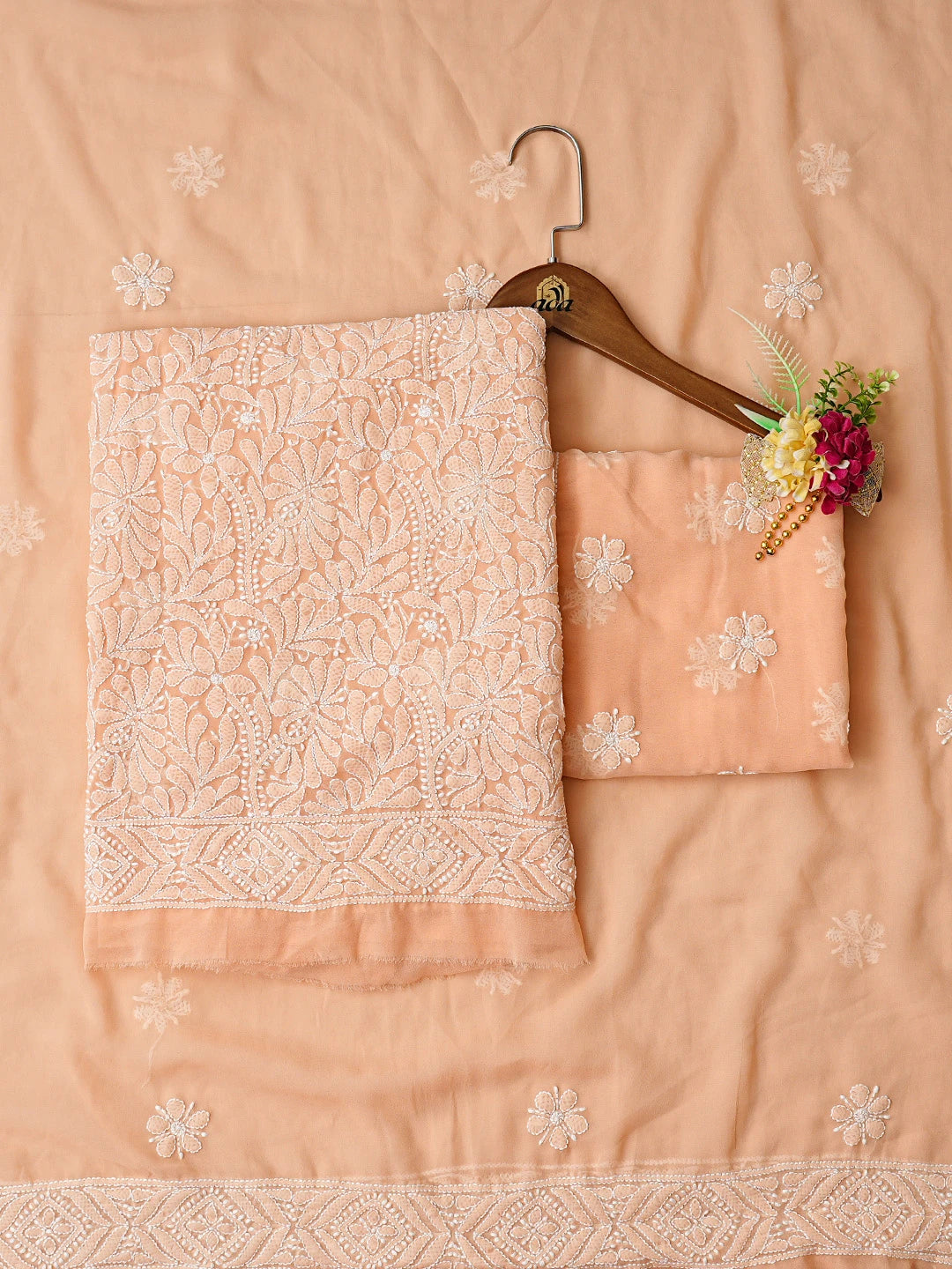 Ada Hand Embroidered Peach Georgette Lucknowi Chikankari Unstitched Suit Piece 01A867779