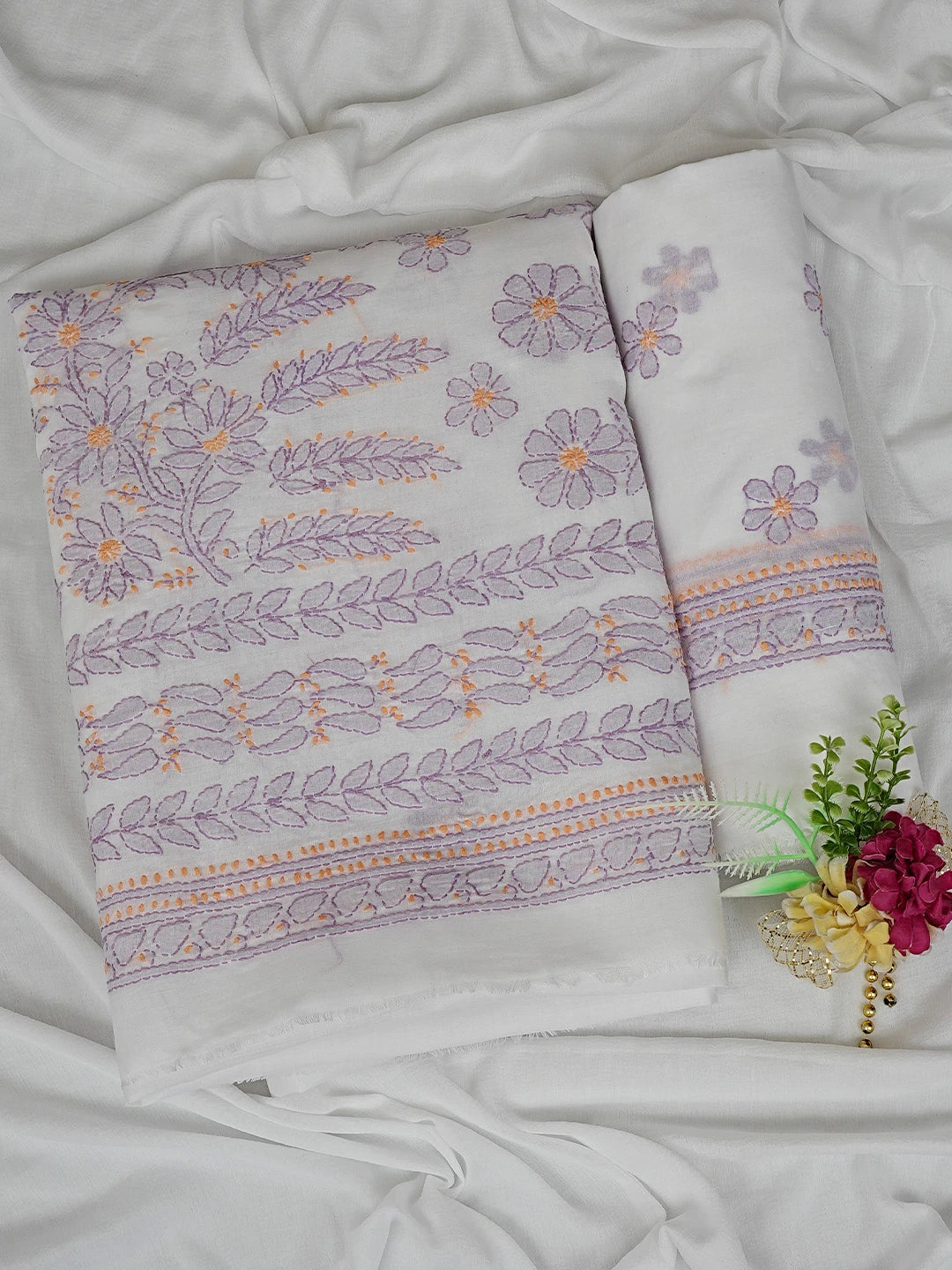 Ada Hand Embroidered White Cotton Lucknowi Chikankari Unstitched Suit Piece 01A862929