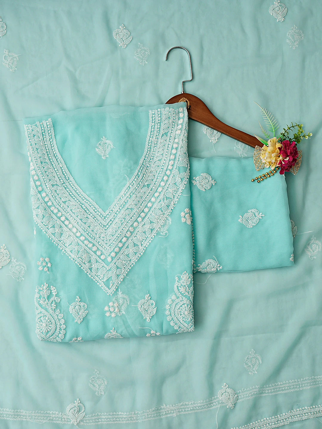 Ada Hand Embroidered Sea Green Georgette Lucknowi Chikankari Unstitched Suit Piece 01A866875