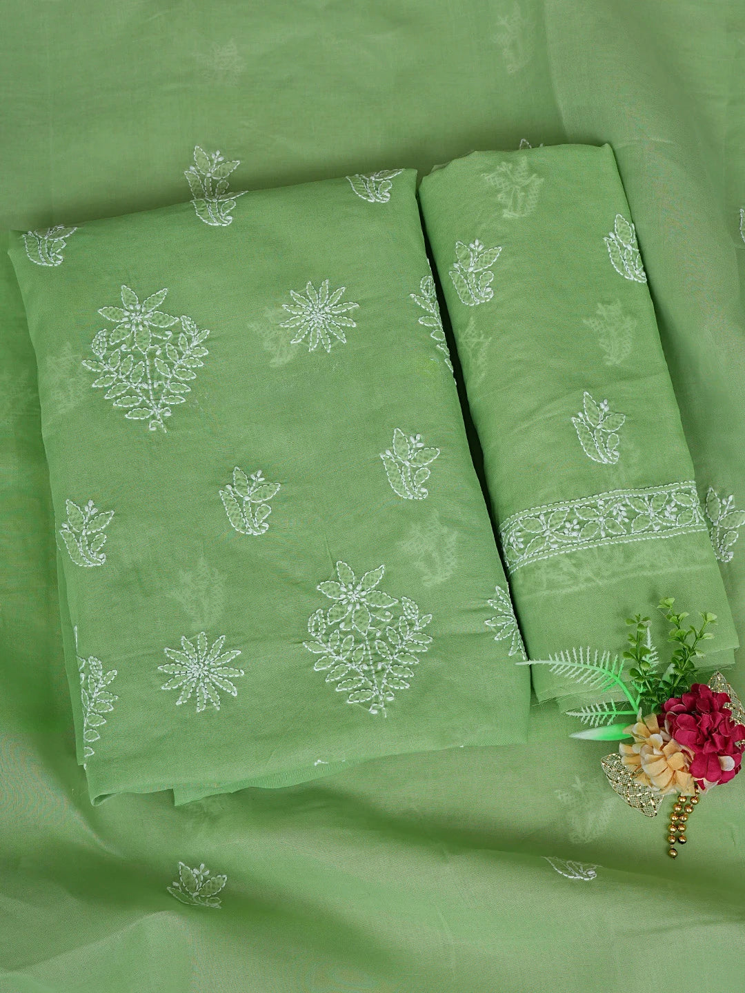Ada Hand Embroidered Green Cotton Lucknowi Chikankari Unstitched Suit Piece 01A867756