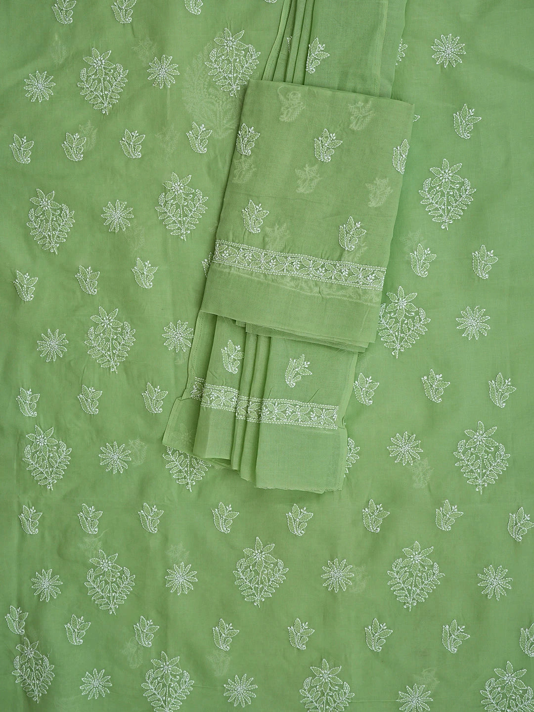 Ada Hand Embroidered Green Cotton Lucknowi Chikankari Unstitched Suit Piece 01A867756