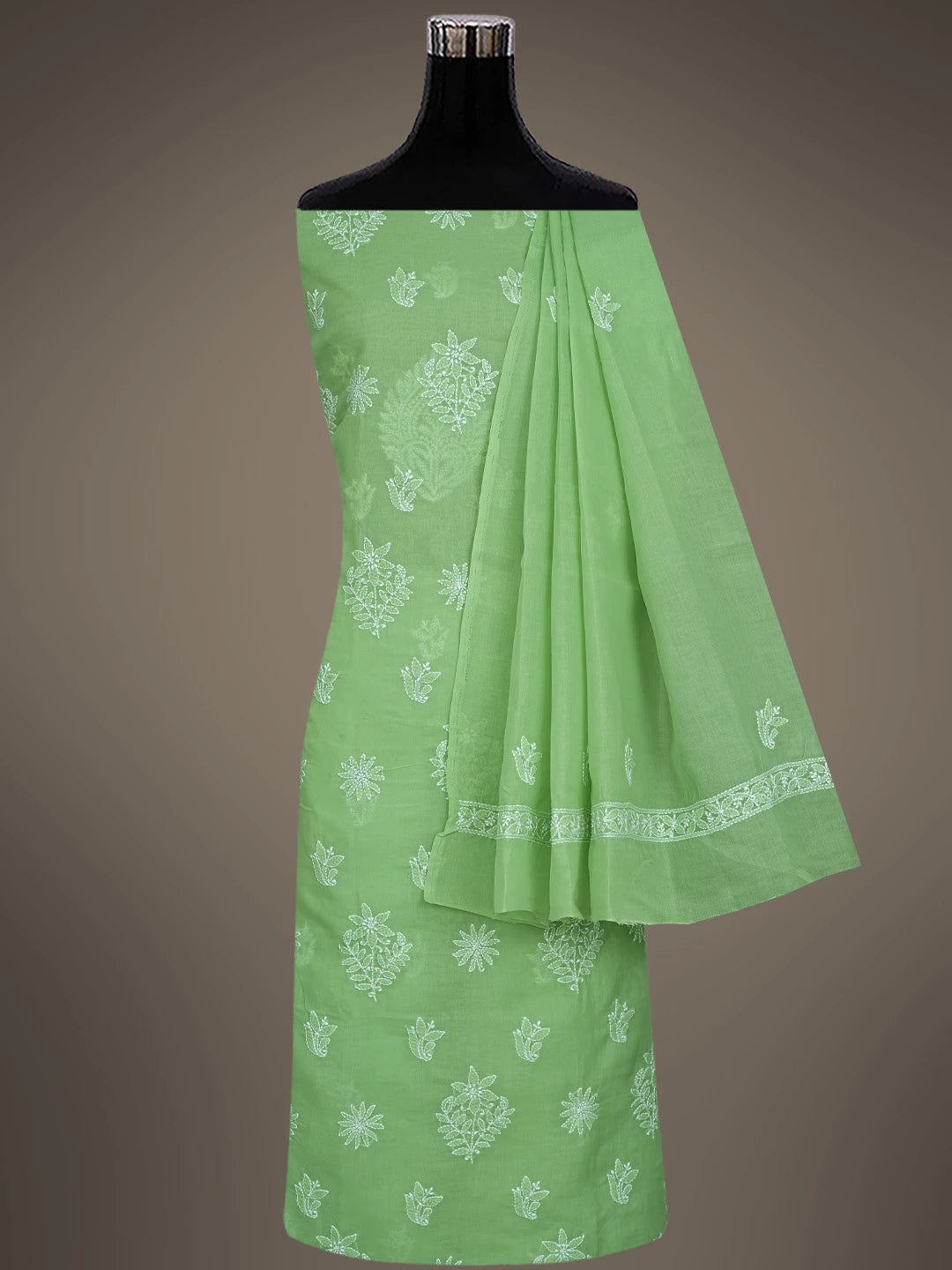 Ada Hand Embroidered Green Cotton Lucknowi Chikankari Unstitched Suit Piece 01A867756